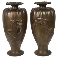 Antique Pair Japanese Meiji Period Bronze Elephant Vases