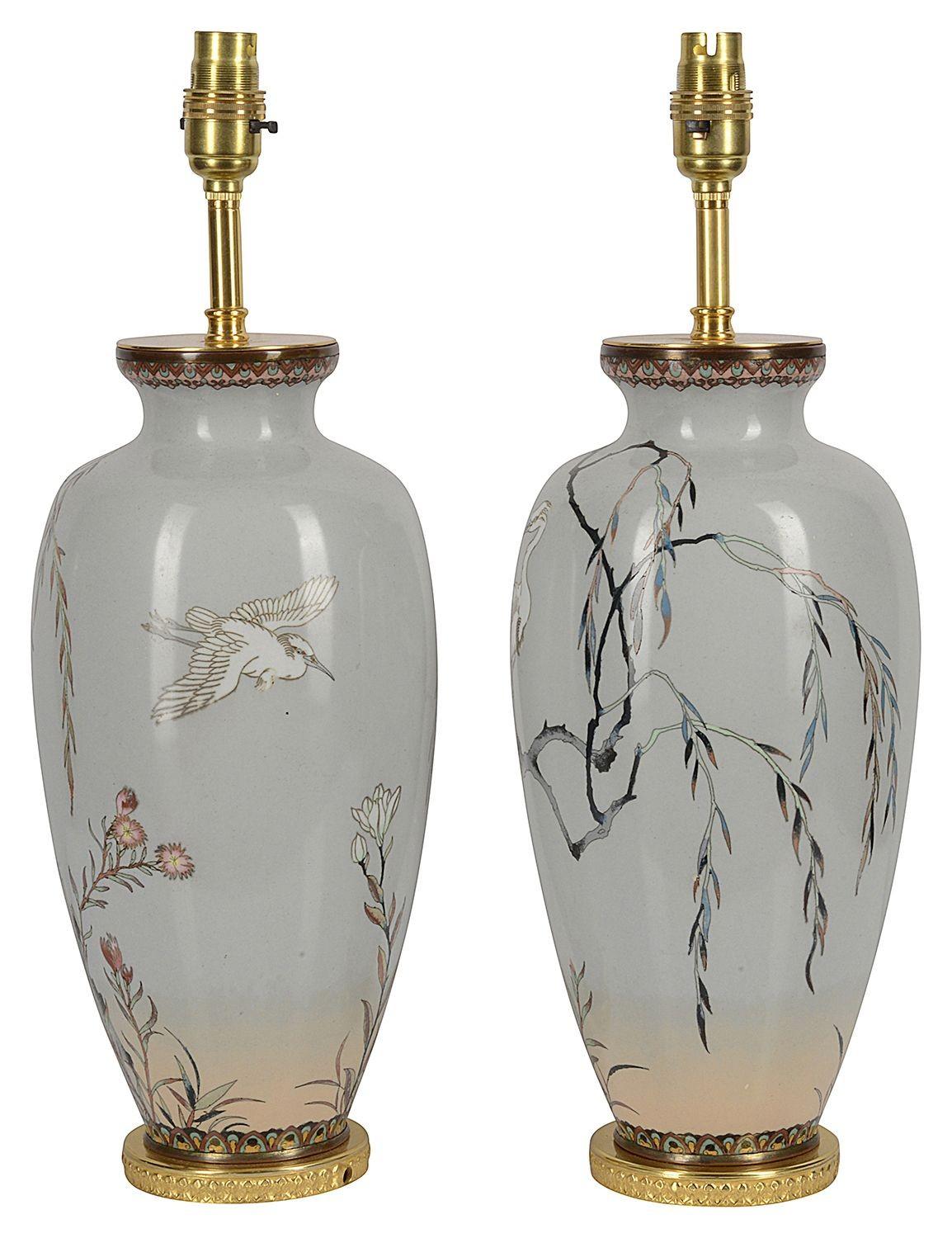 Hand-Painted Pair Japanese Meiji Period Cloisonne Enamel Vases / Lamps For Sale