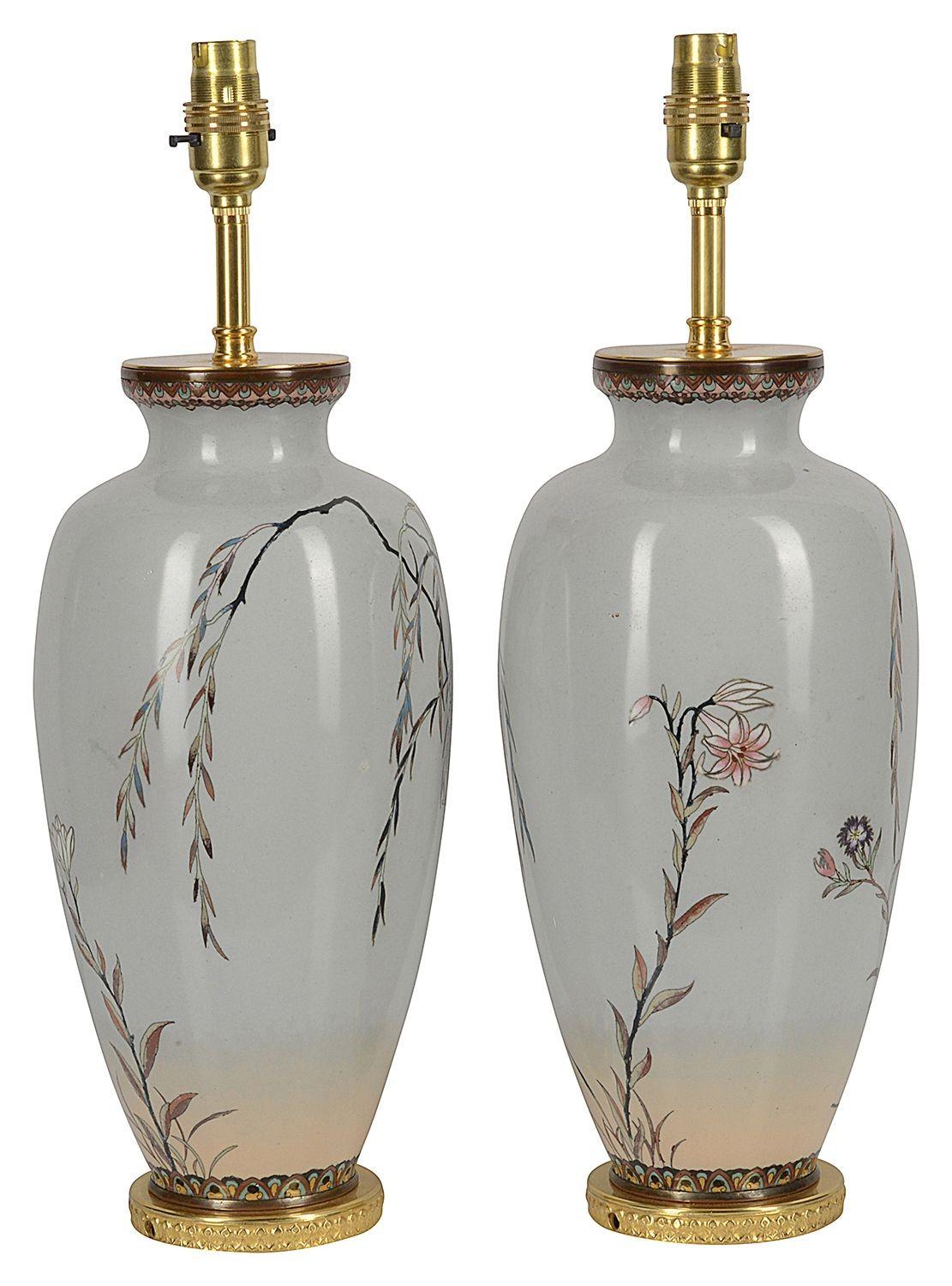 Pair Japanese Meiji Period Cloisonne Enamel Vases / Lamps In Good Condition For Sale In Brighton, Sussex