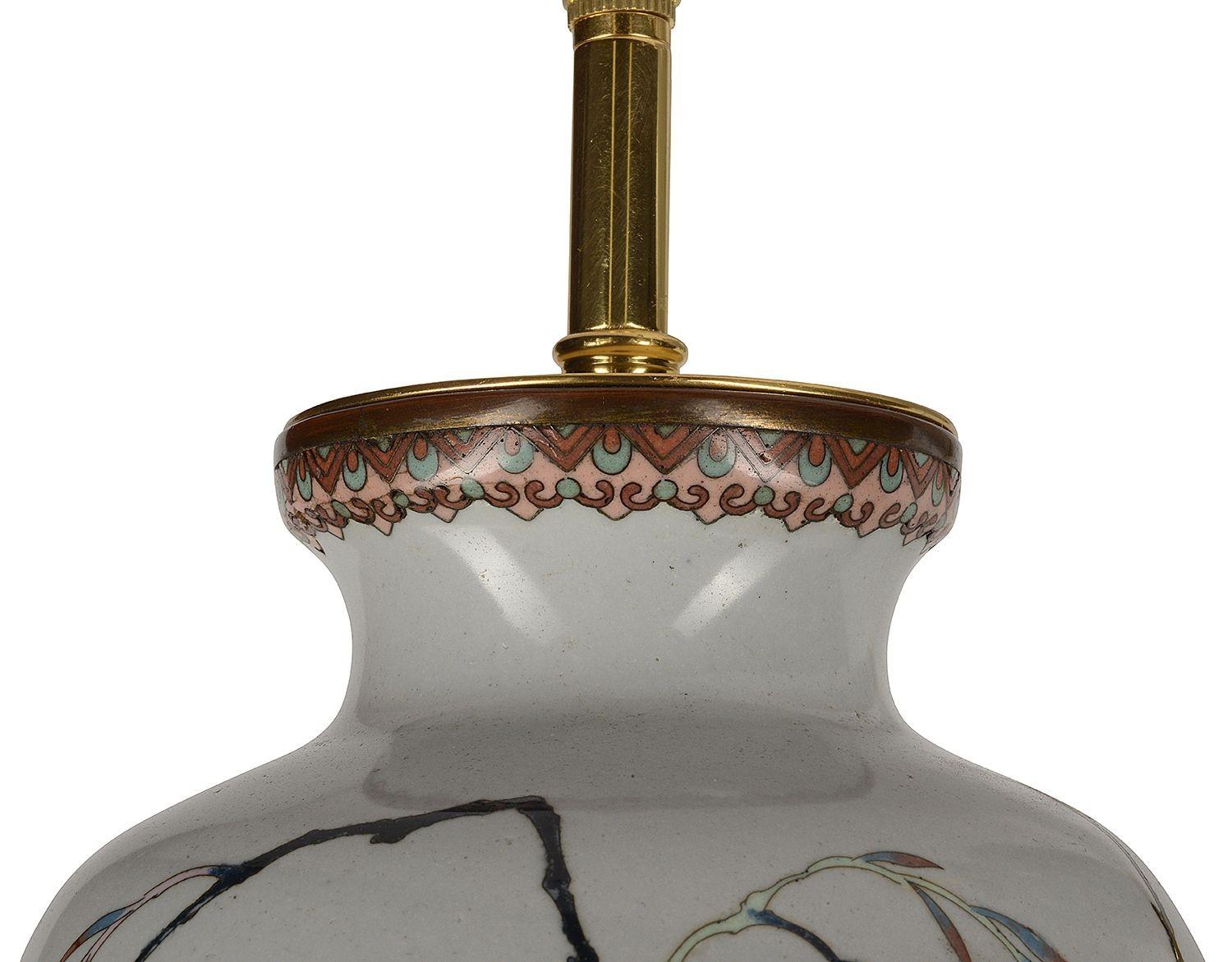 Pair Japanese Meiji Period Cloisonne Enamel Vases / Lamps For Sale 1