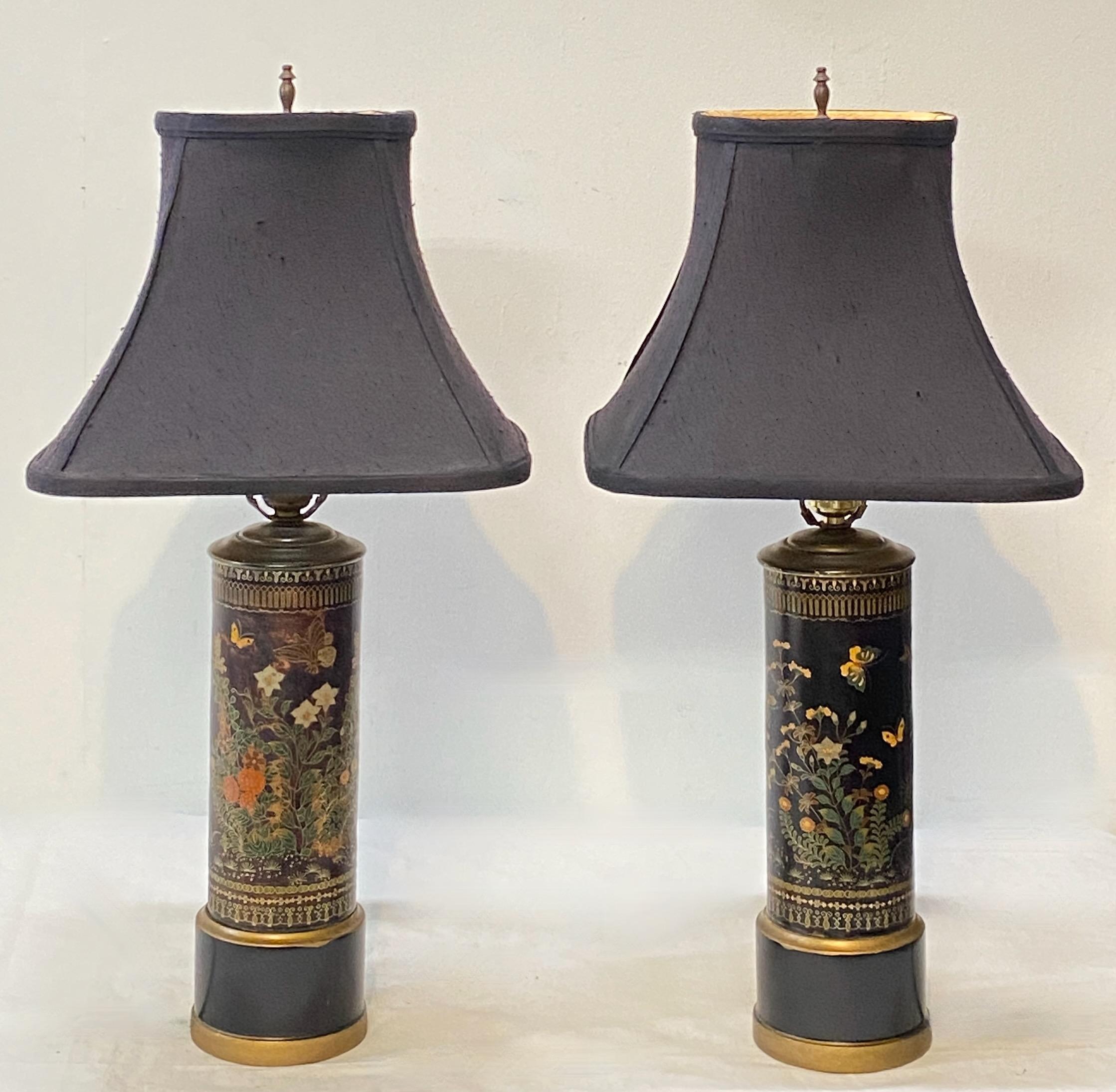 A pair of beautiful quality Japanese Satsuma pottery lamps with detailed brass wire-work cloisonné enamel decoration.
Originally these were wig stands, converted to lamps in the early 20th century.
In excellent antique condition.
Japan Meiji