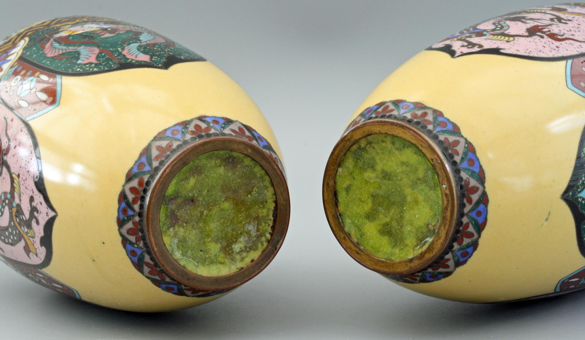 Pair of Japanese Meiji Rooster and Dragon Panel Cloisonné Vases 4