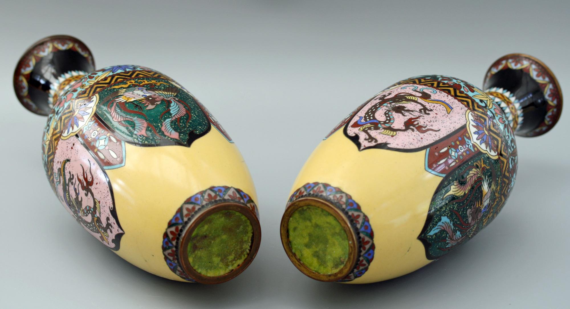 Pair of Japanese Meiji Rooster and Dragon Panel Cloisonné Vases 6