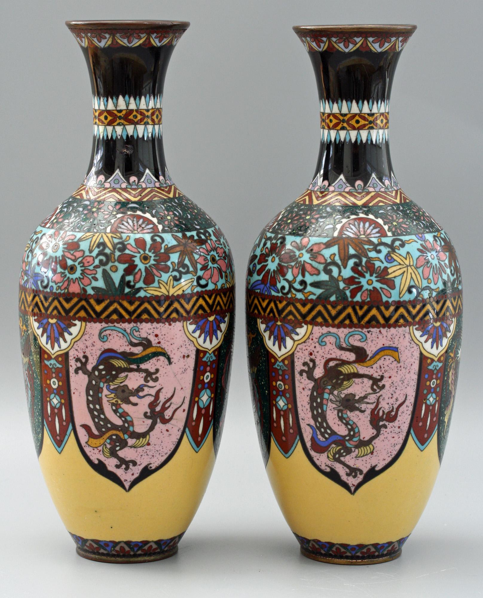 Pair of Japanese Meiji Rooster and Dragon Panel Cloisonné Vases 7