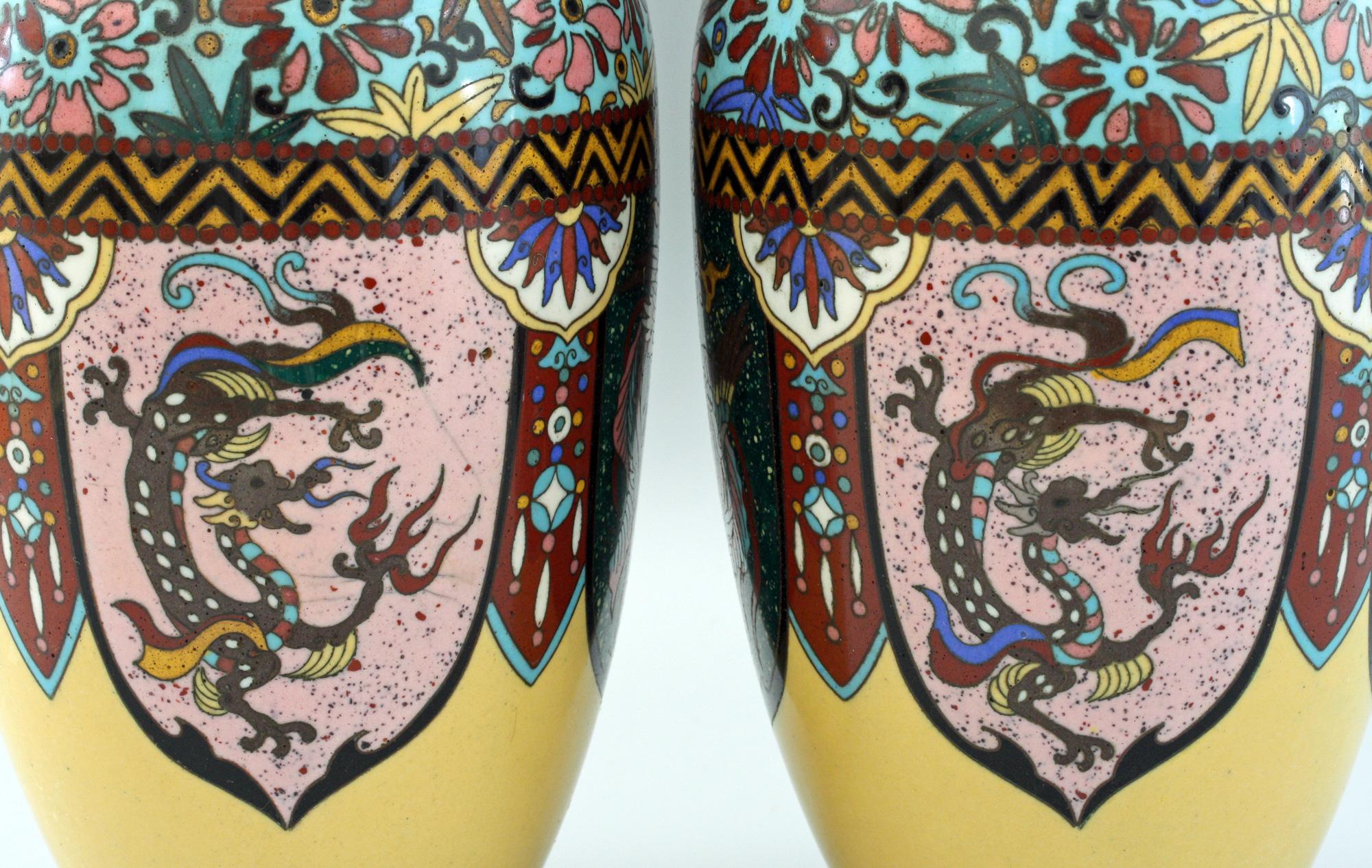 Pair of Japanese Meiji Rooster and Dragon Panel Cloisonné Vases 8