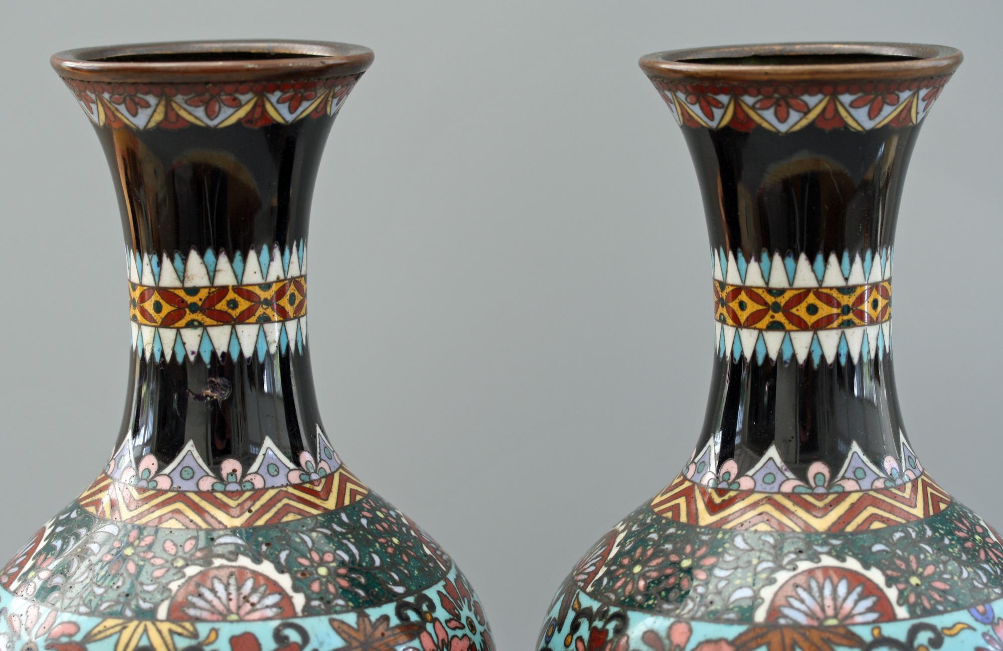 Pair of Japanese Meiji Rooster and Dragon Panel Cloisonné Vases 9