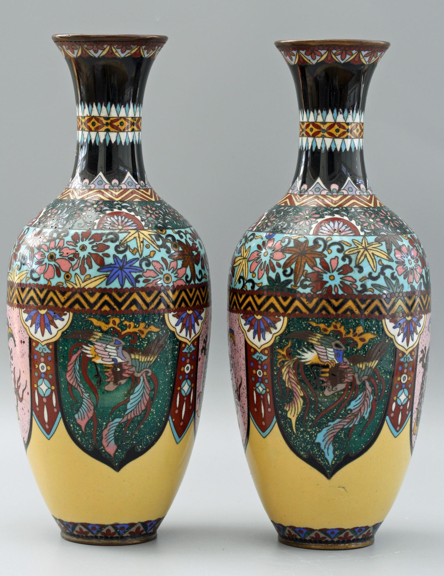 Pair of Japanese Meiji Rooster and Dragon Panel Cloisonné Vases 11