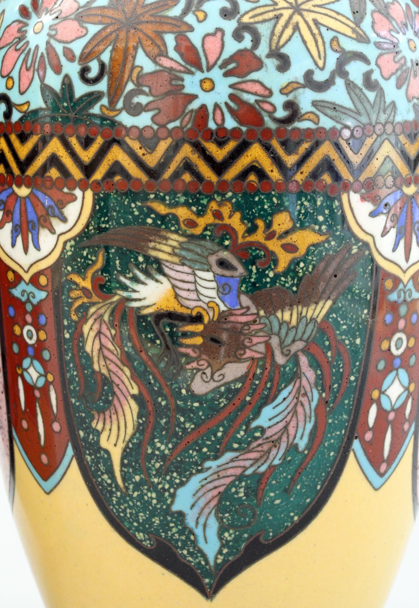 Pair of Japanese Meiji Rooster and Dragon Panel Cloisonné Vases 12