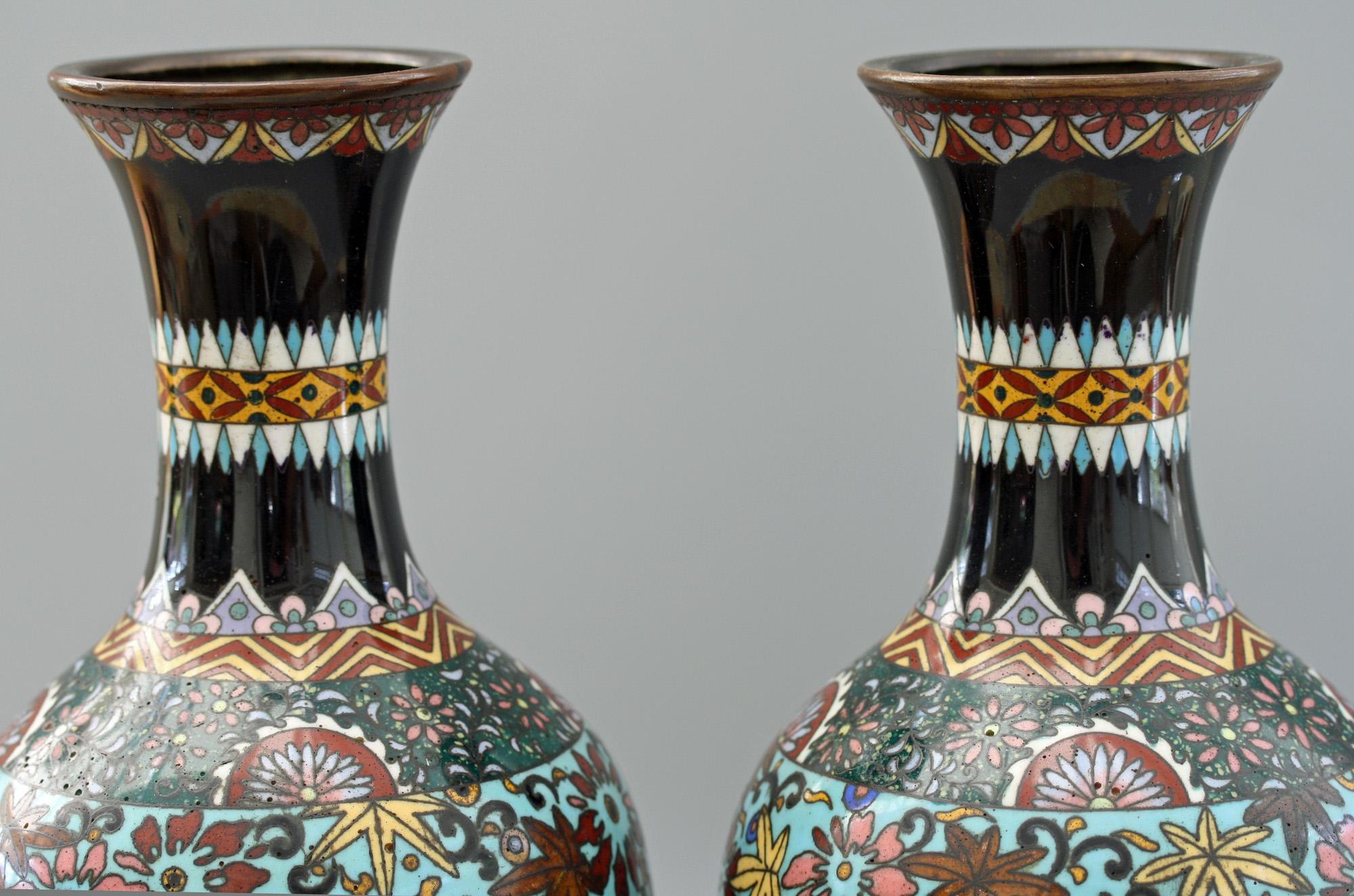Pair of Japanese Meiji Rooster and Dragon Panel Cloisonné Vases 13