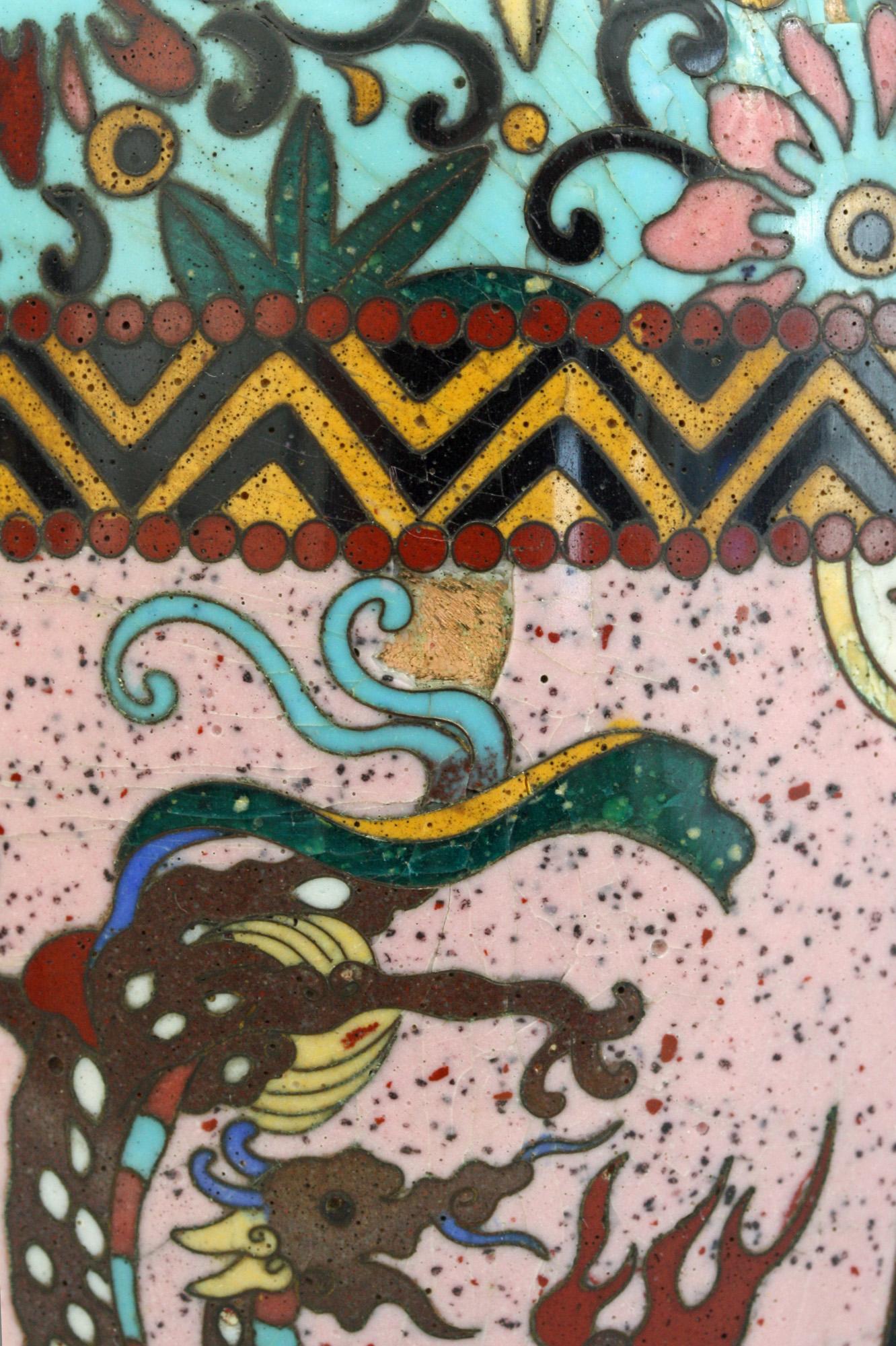 Cloissoné Pair of Japanese Meiji Rooster and Dragon Panel Cloisonné Vases