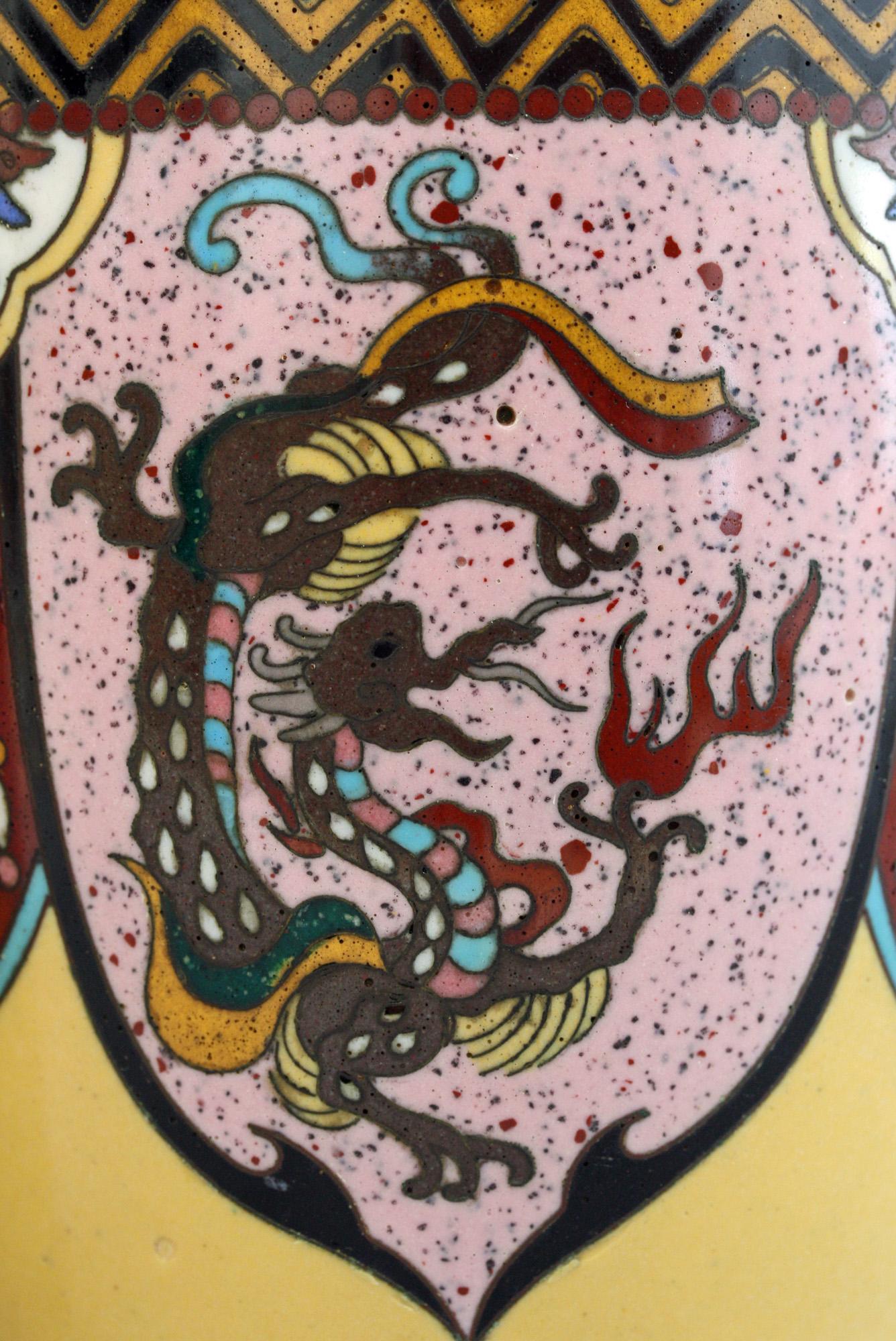 Pair of Japanese Meiji Rooster and Dragon Panel Cloisonné Vases In Good Condition In Bishop's Stortford, Hertfordshire