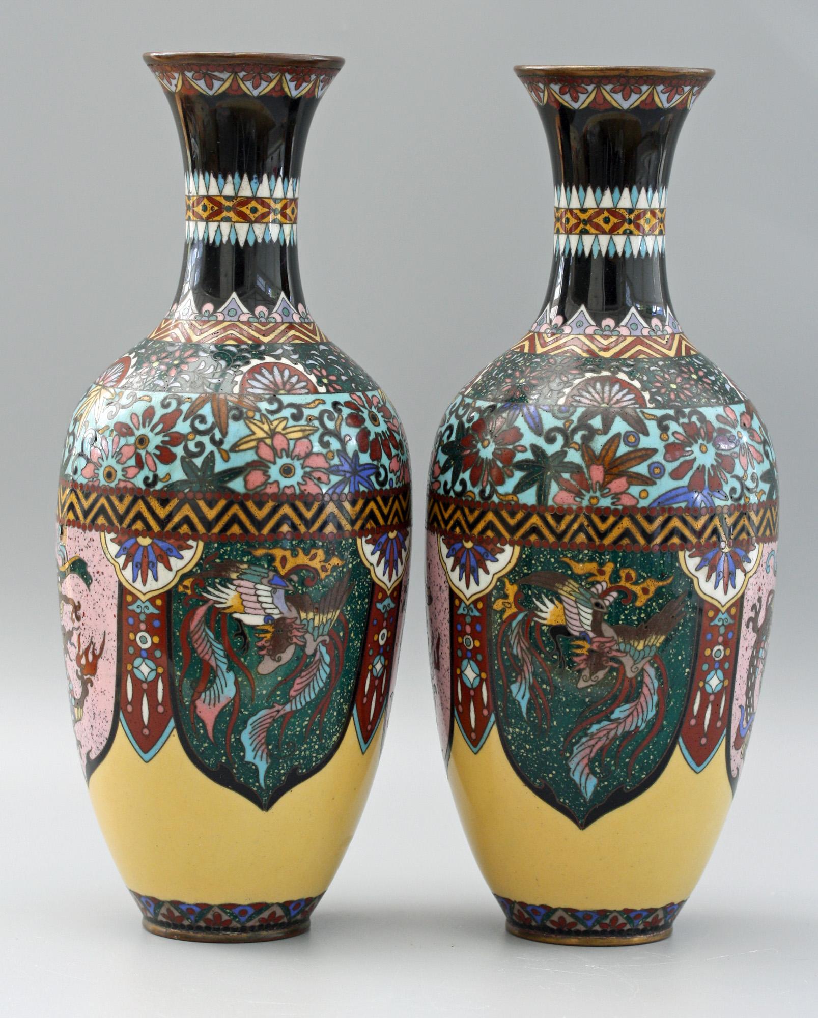 Late 19th Century Pair of Japanese Meiji Rooster and Dragon Panel Cloisonné Vases