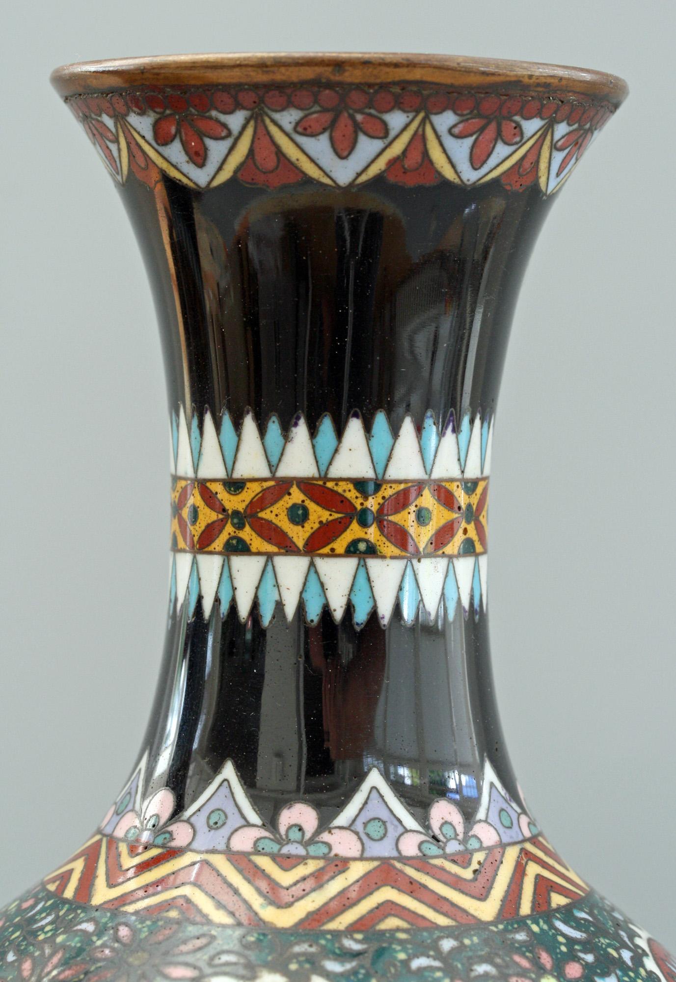 Metal Pair of Japanese Meiji Rooster and Dragon Panel Cloisonné Vases