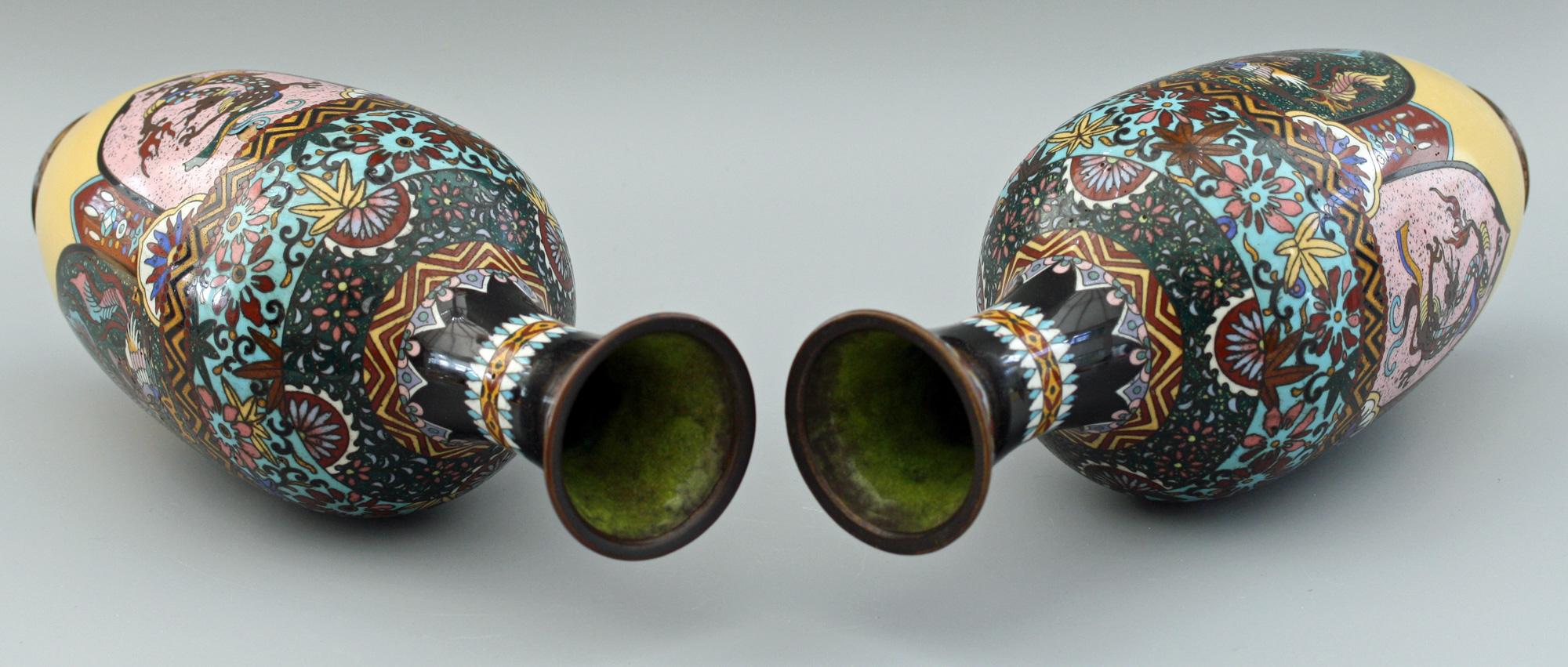 Pair of Japanese Meiji Rooster and Dragon Panel Cloisonné Vases 1