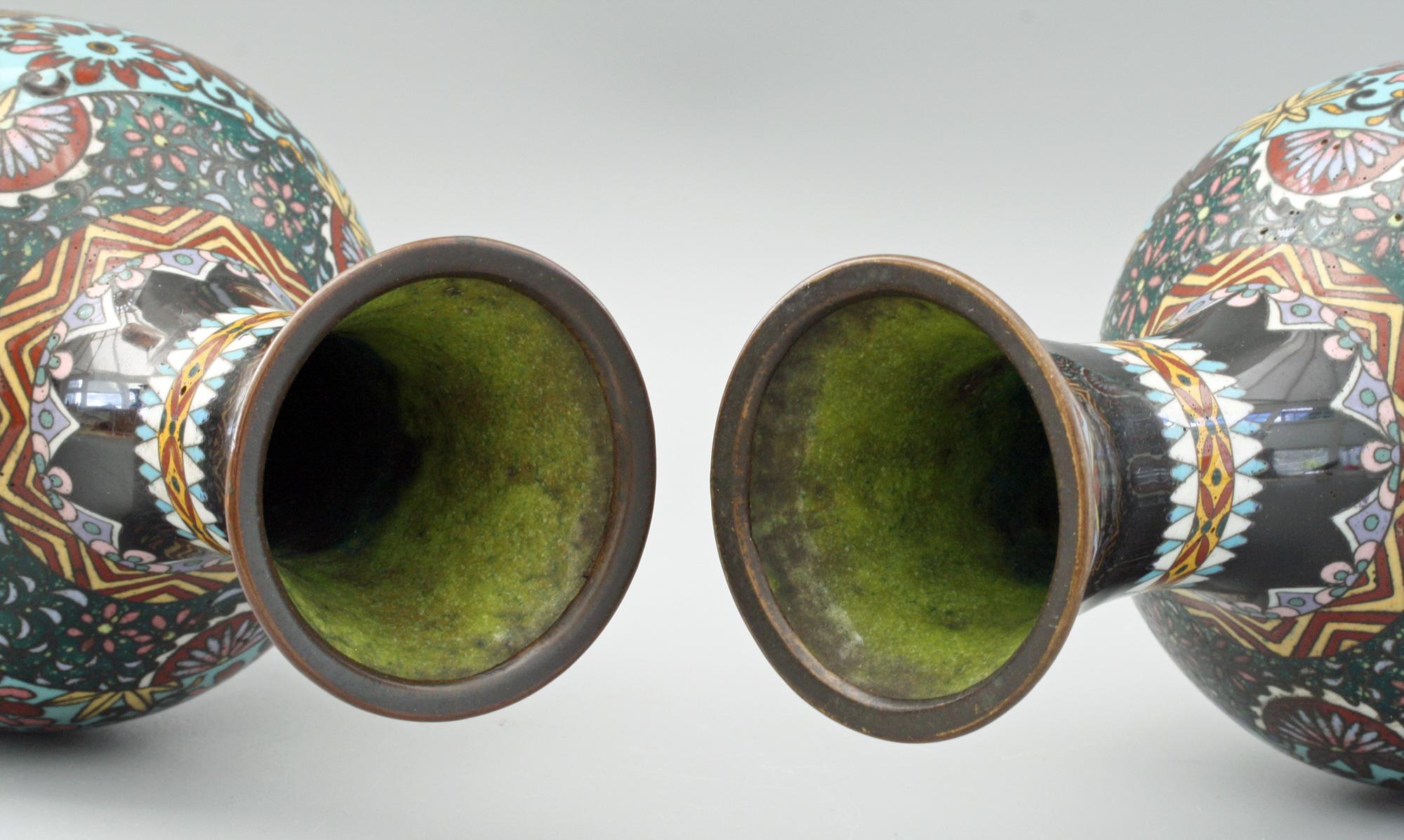 Pair of Japanese Meiji Rooster and Dragon Panel Cloisonné Vases 3