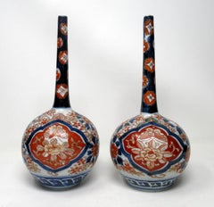 Japanese Meji Hand Painted Imari Bottle Vases Cobalt Blue Red 19th Century, Pair