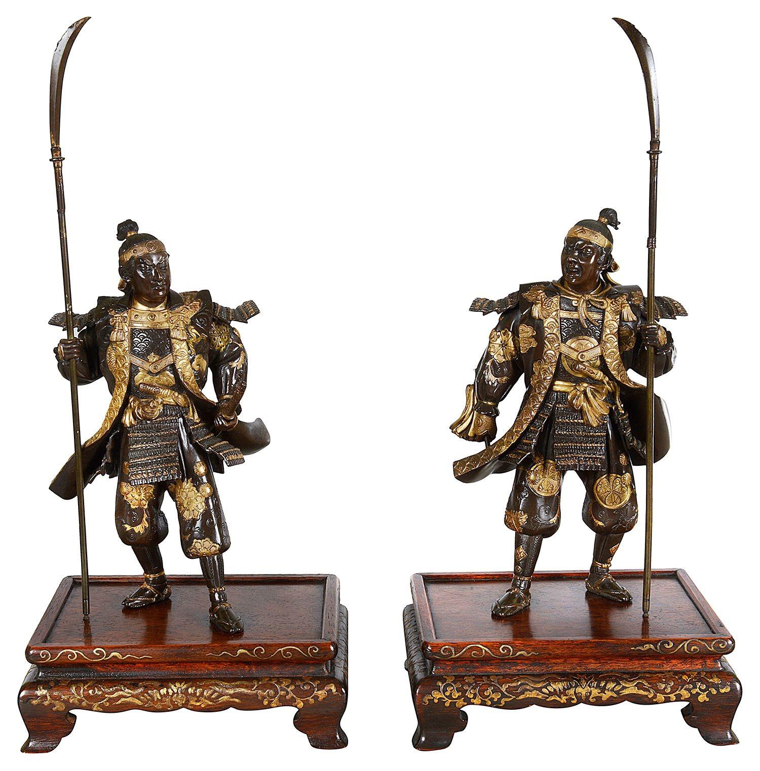 A fine quality pair of Japanese Meiji period 1868-1912 Miyao bronze figures of Samurai warriors, each with a wonderful patina and gilded highlights. Each mounted on hand carved hardwood stands with gilded decoration.
Batch 83 63429. HSYZE