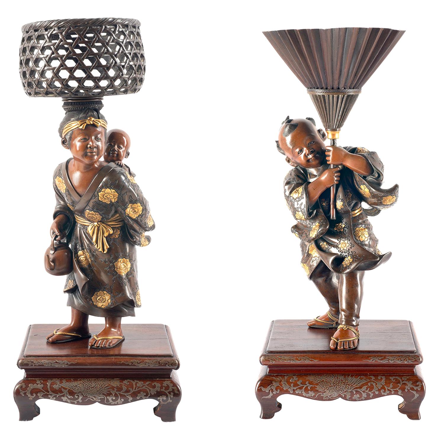 Pair of Japanese Miyao Bronze Figures