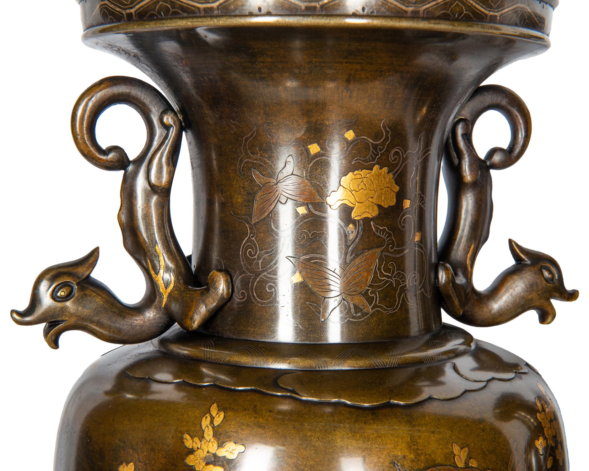 Pair of Japanese Miyao Style Bronze Engraved Vases, Late 19th Century 3