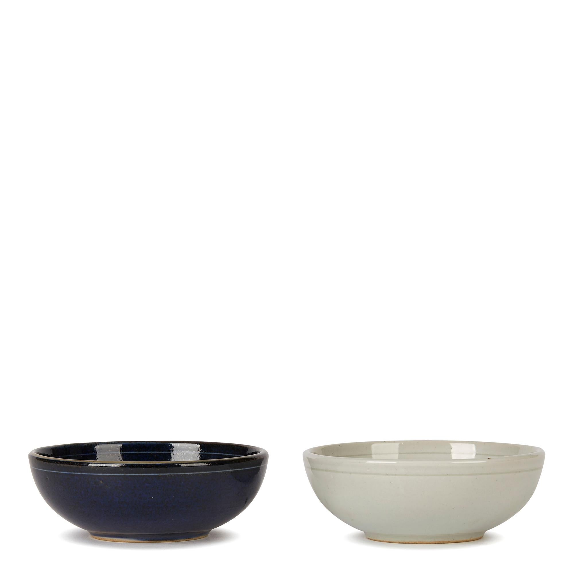 Glazed Pair of Japanese Navy and White Bud Design Studio Pottery Porcelain Bowls