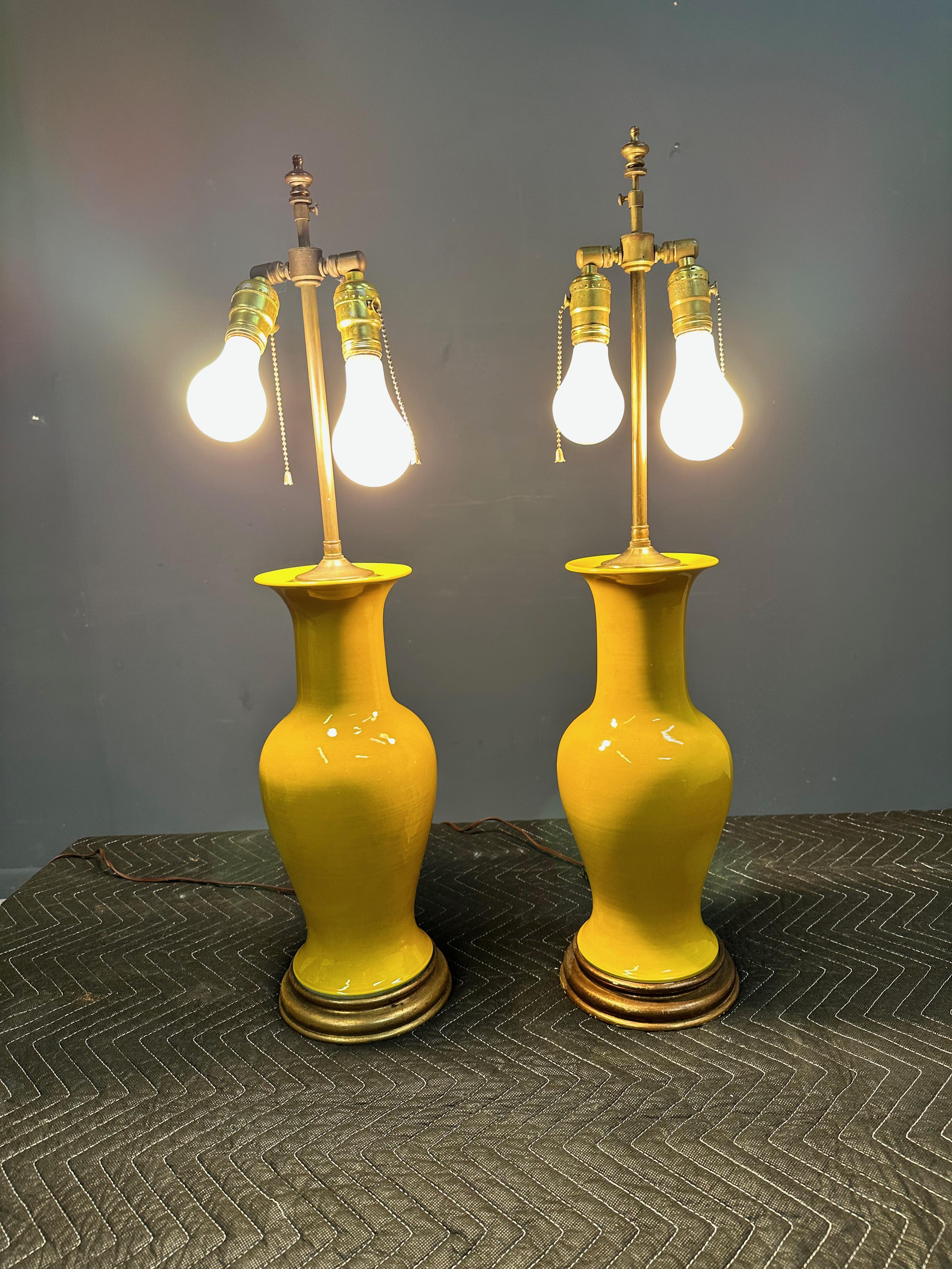 Qing Pair Japanese Porcelain Lamp Vases Yellow Ceramic Monochrome Vintage, 1960s 
