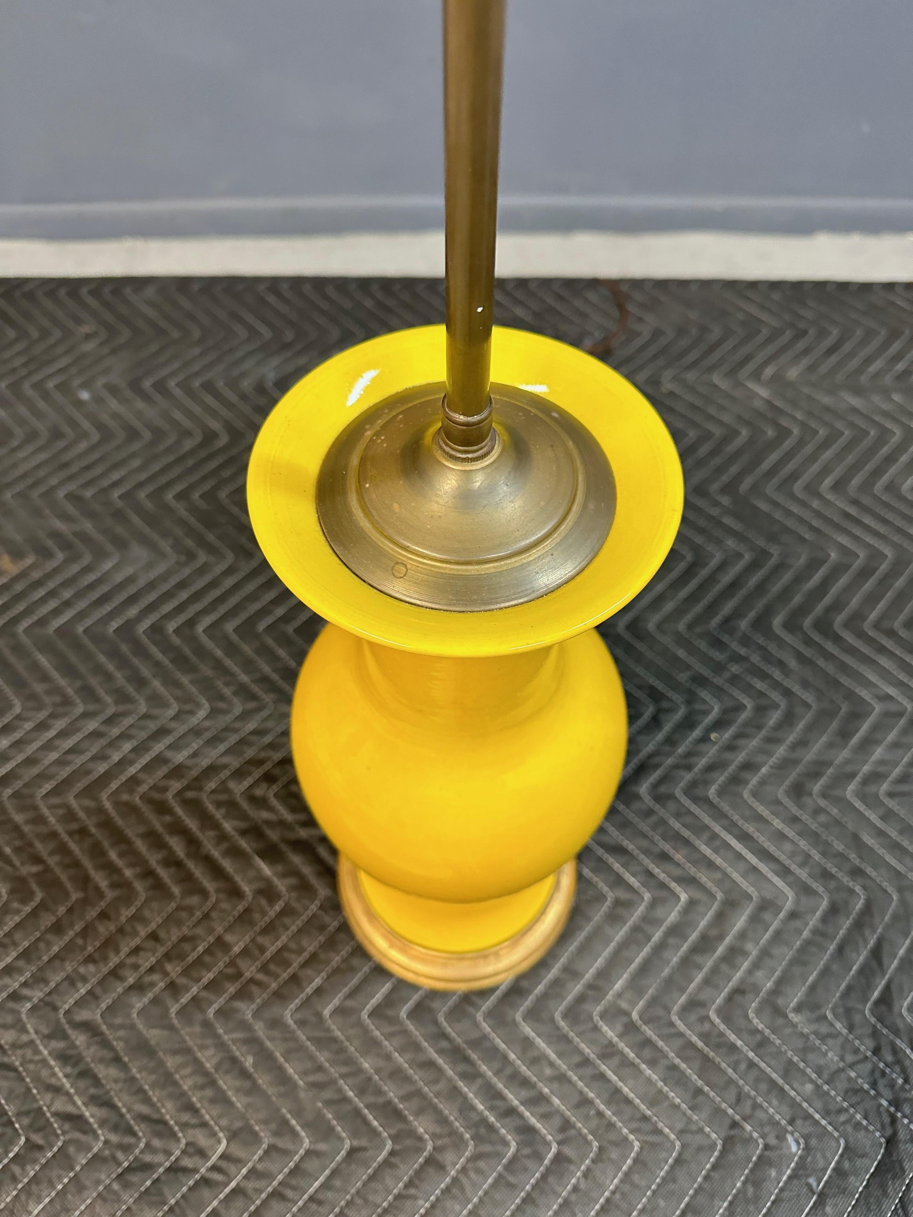 Pair Japanese Porcelain Lamp Vases Yellow Ceramic Monochrome Vintage, 1960s In Good Condition In Philadelphia, PA