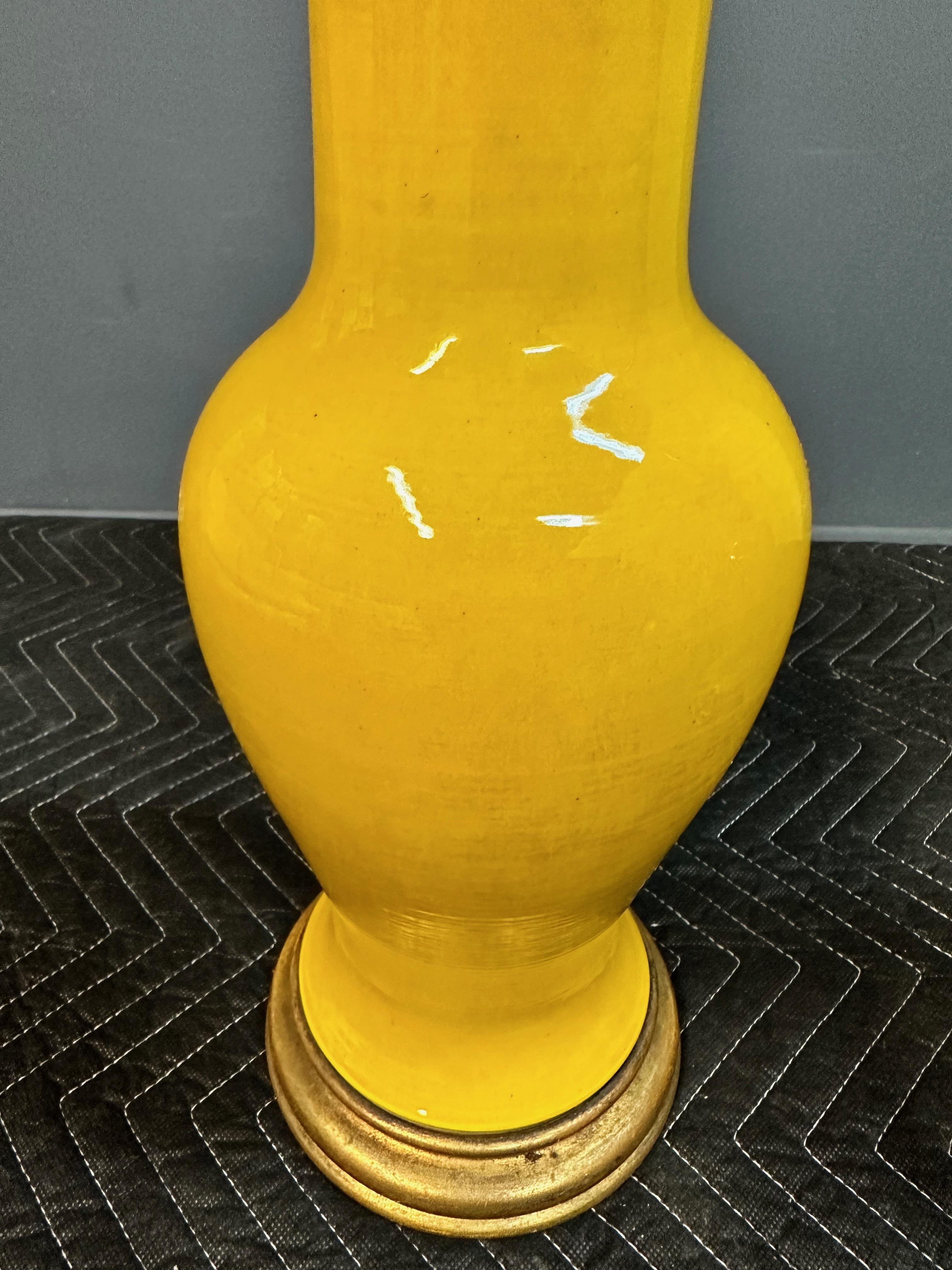 Pair Japanese Porcelain Lamp Vases Yellow Ceramic Monochrome Vintage, 1960s  1