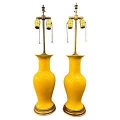 Pair Japanese Porcelain Lamp Vases Yellow Ceramic Monochrome Vintage, 1960s 