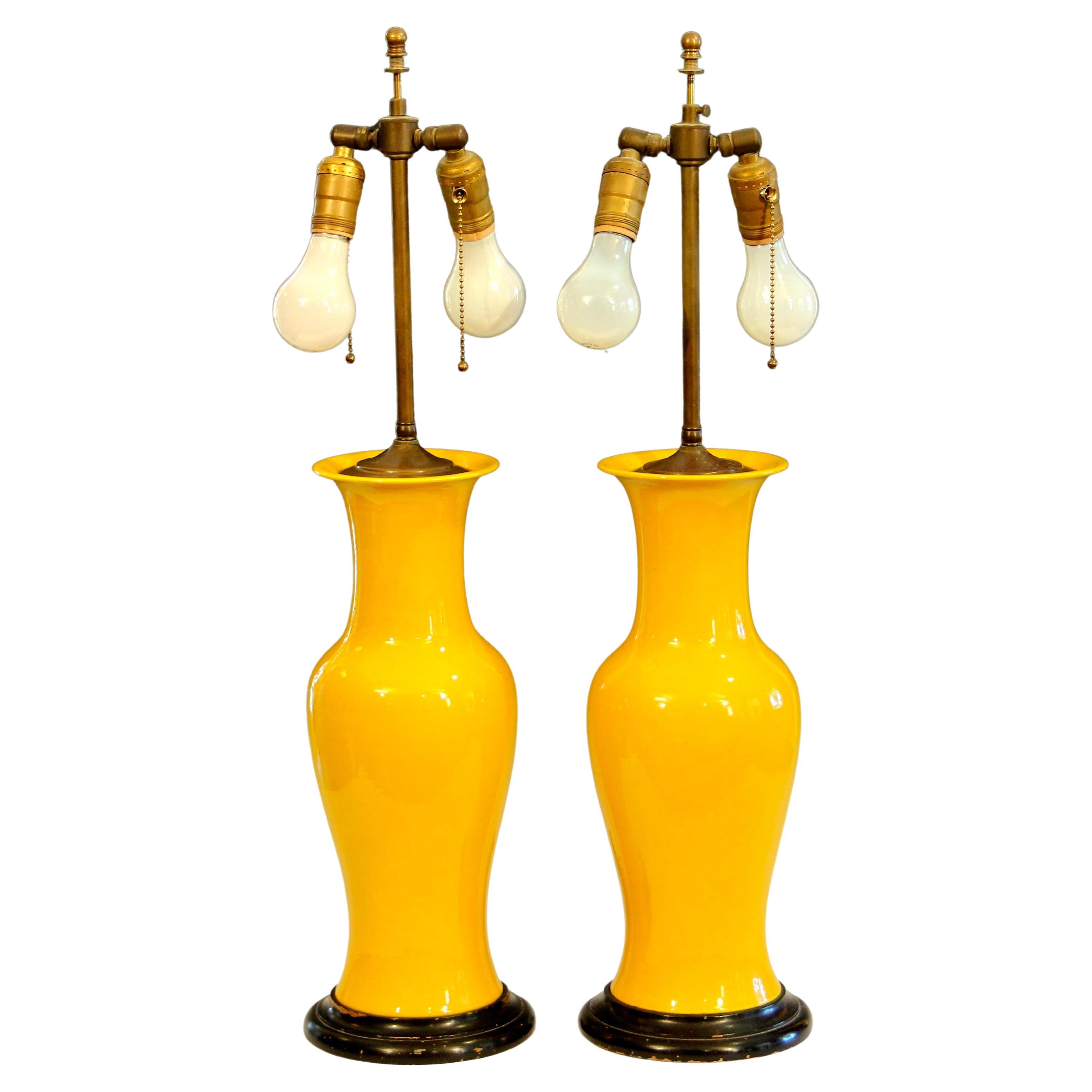 Pair Japanese Porcelain Lamp Vases Yellow Monochrome Vintage 1960s Table Crackle For Sale