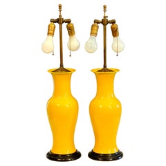 Pair Japanese Porcelain Lamp Vases Yellow Monochrome Vintage 1960s Table Crackle