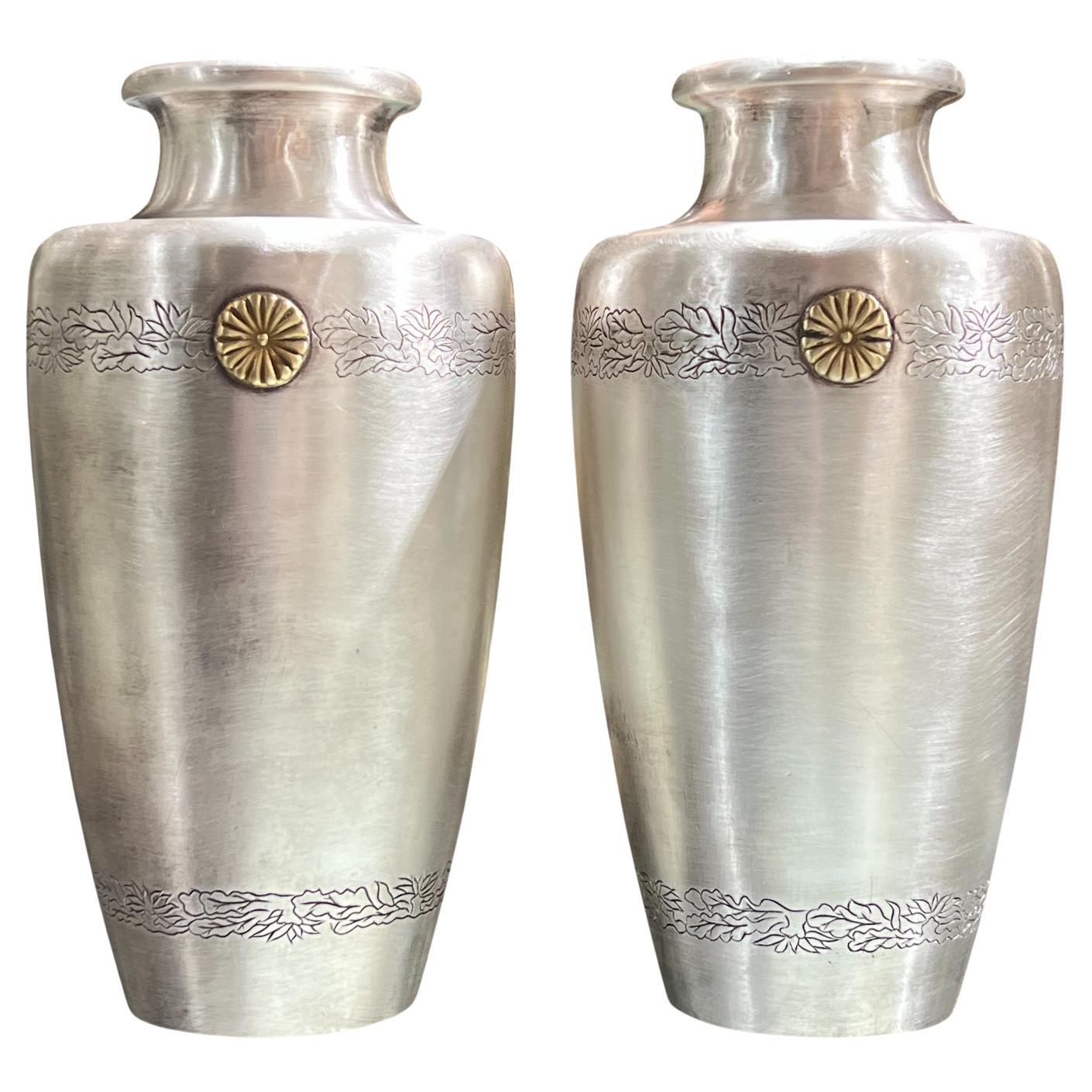Pair Japanese Pure Silver Vases with Royal Seal