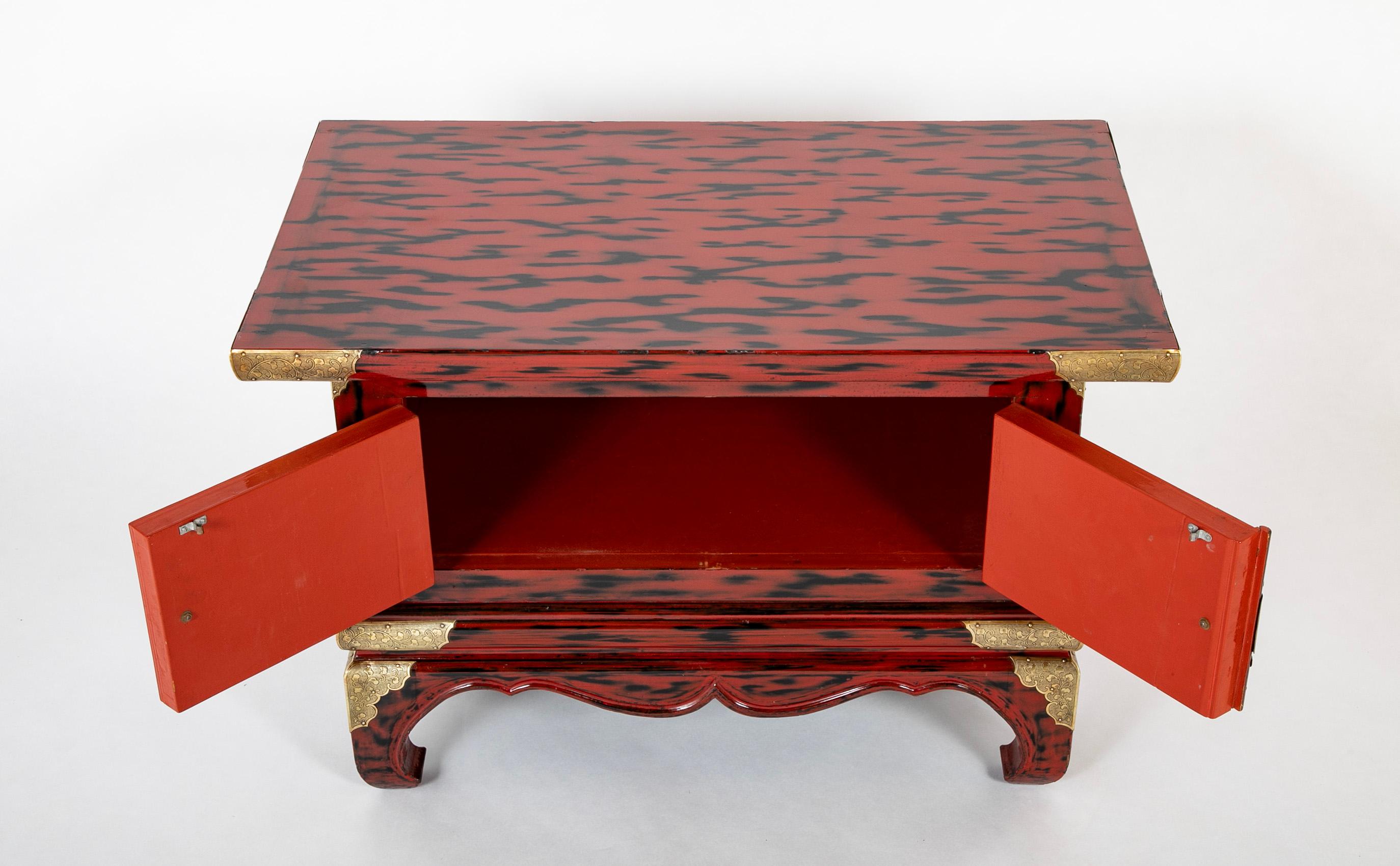 Pair Japanese Red and Black Lacquer Side Tables With Etched Brass Mounts For Sale 6