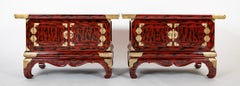 Pair Japanese Red and Black Lacquer Side Tables With Etched Brass Mounts