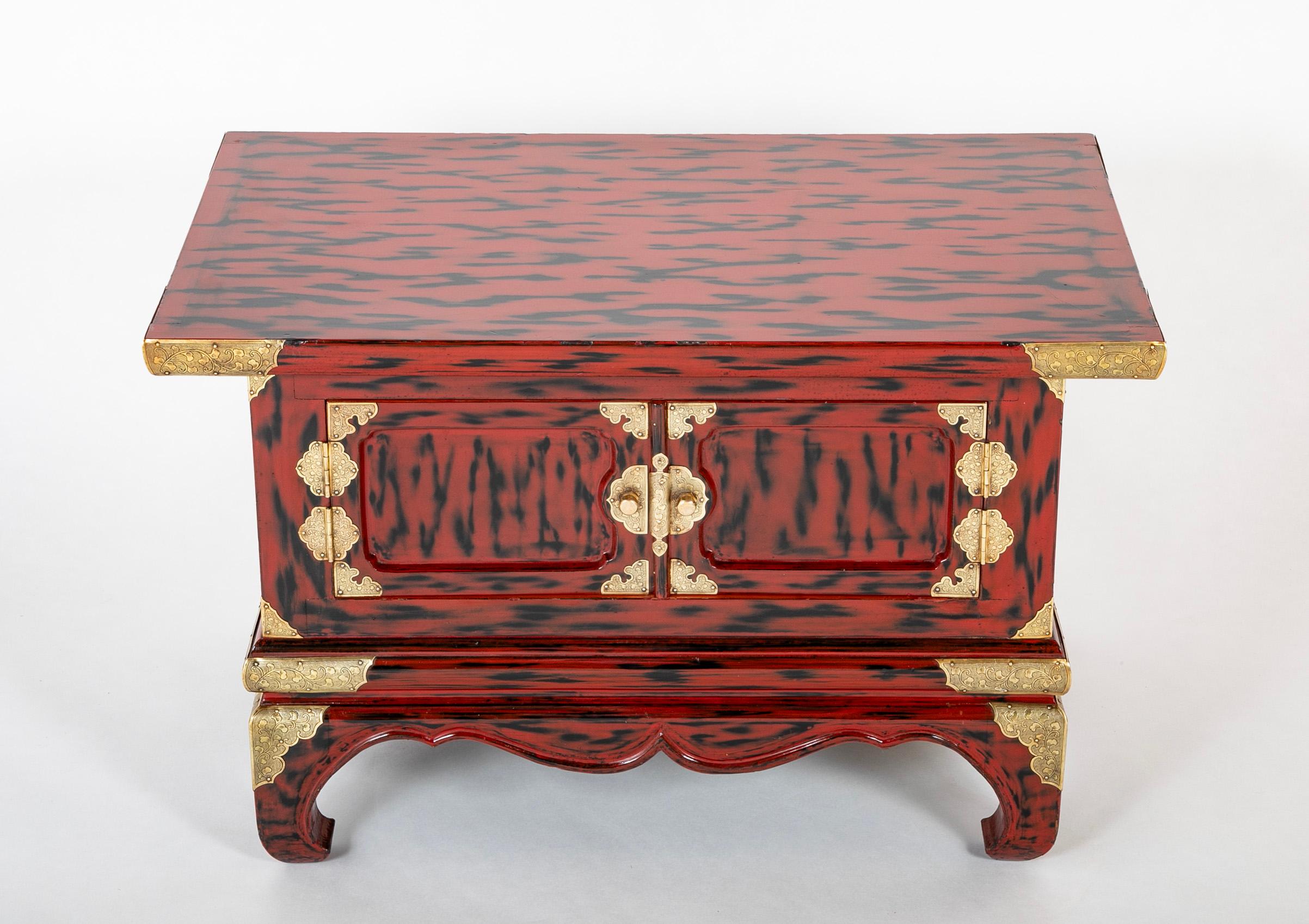 Meiji Pair Japanese Red and Black Lacquer Side Tables With Etched Brass Mounts For Sale