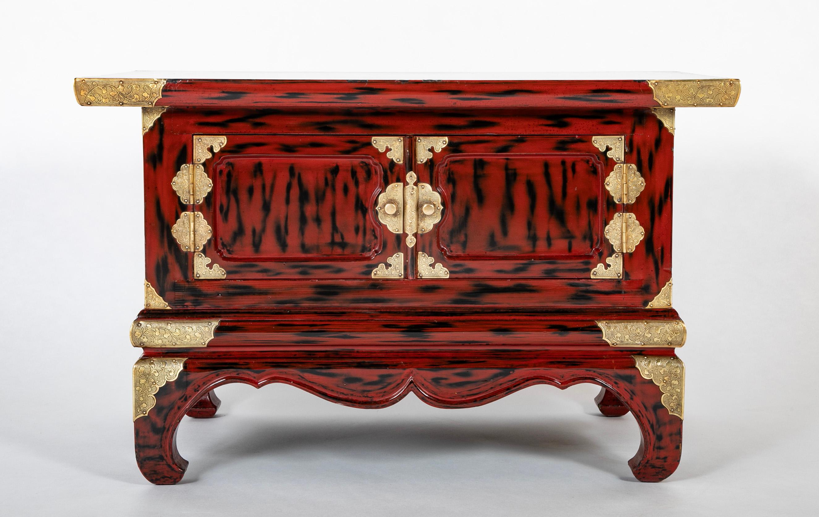 Pair Japanese Red and Black Lacquer Side Tables With Etched Brass Mounts In Good Condition For Sale In Stamford, CT