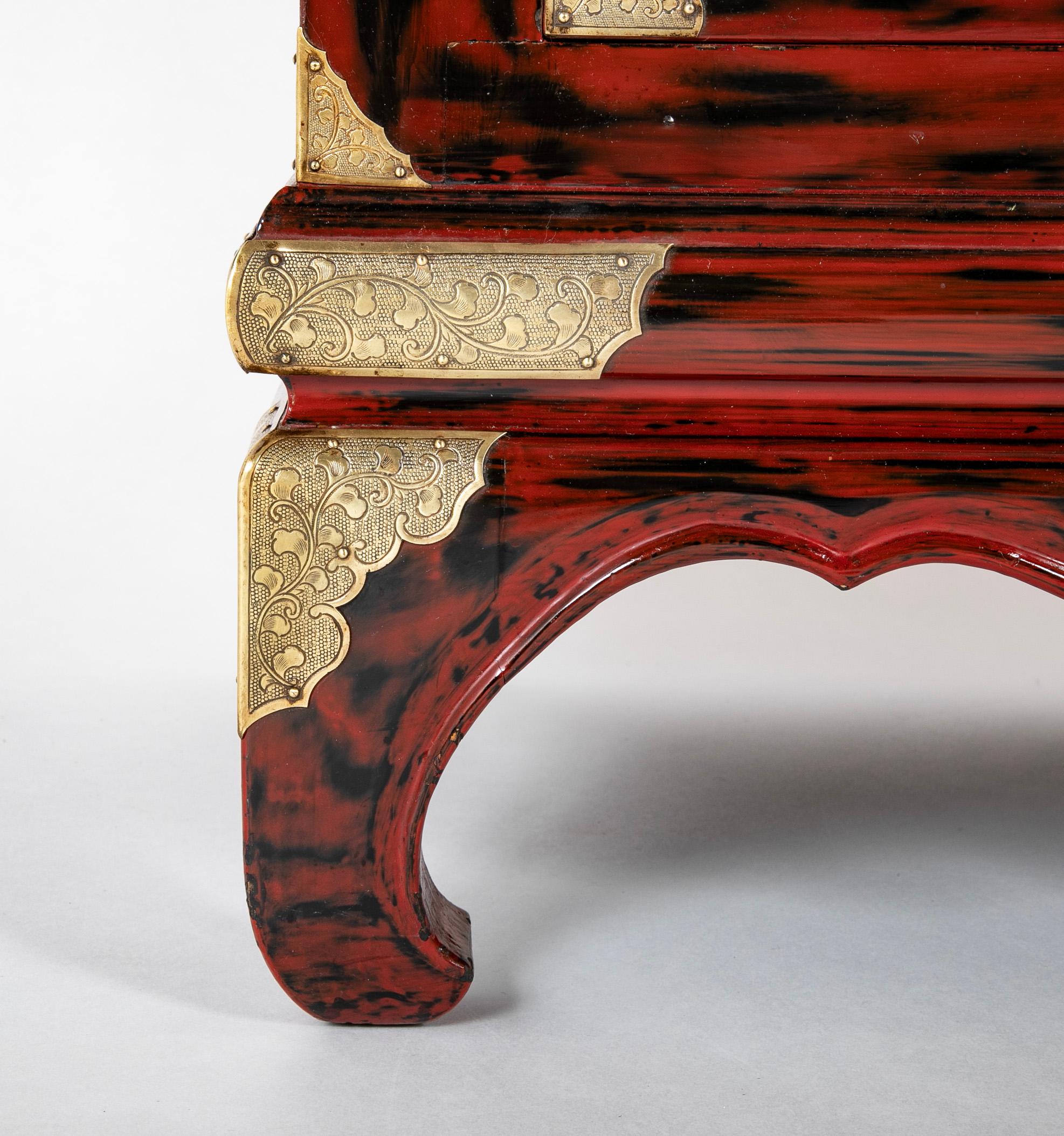 Pair Japanese Red and Black Lacquer Side Tables With Etched Brass Mounts For Sale 4