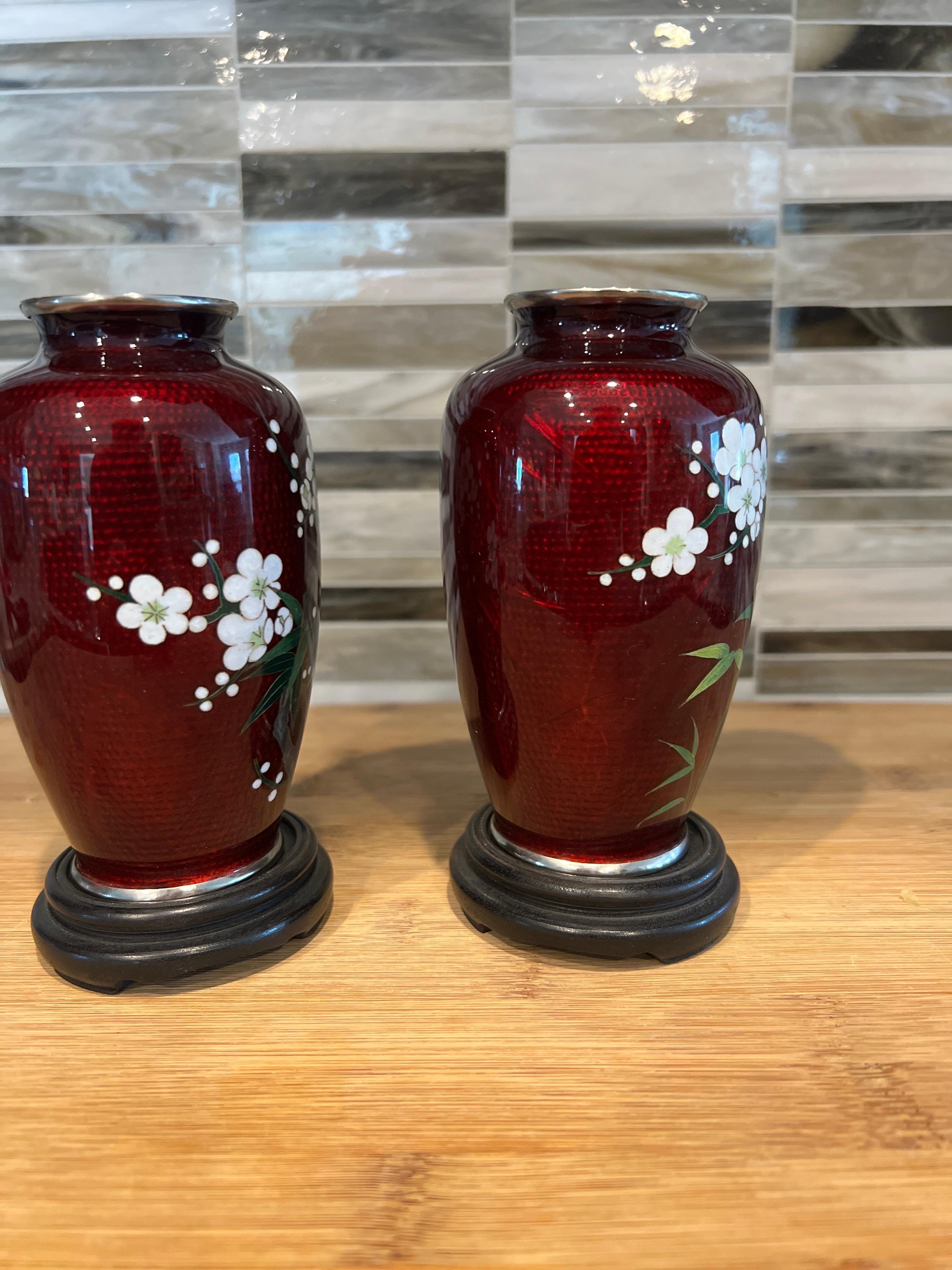 Silver Pair, Japanese Red Ginbari Pigeon Blood Red Cloisonne Vases For Sale