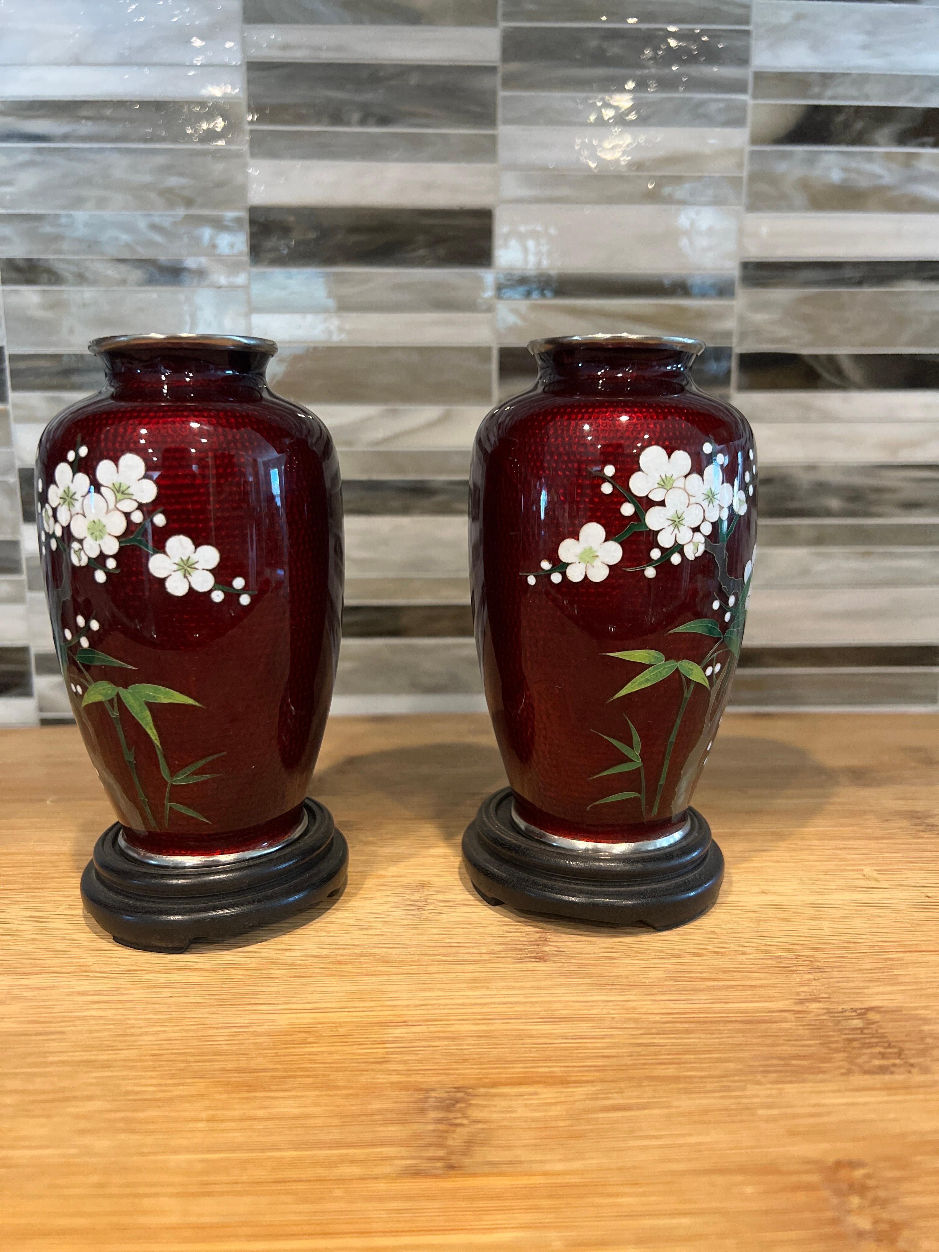 Pair, Japanese Red Ginbari Pigeon Blood Red Cloisonne Vases For Sale 1