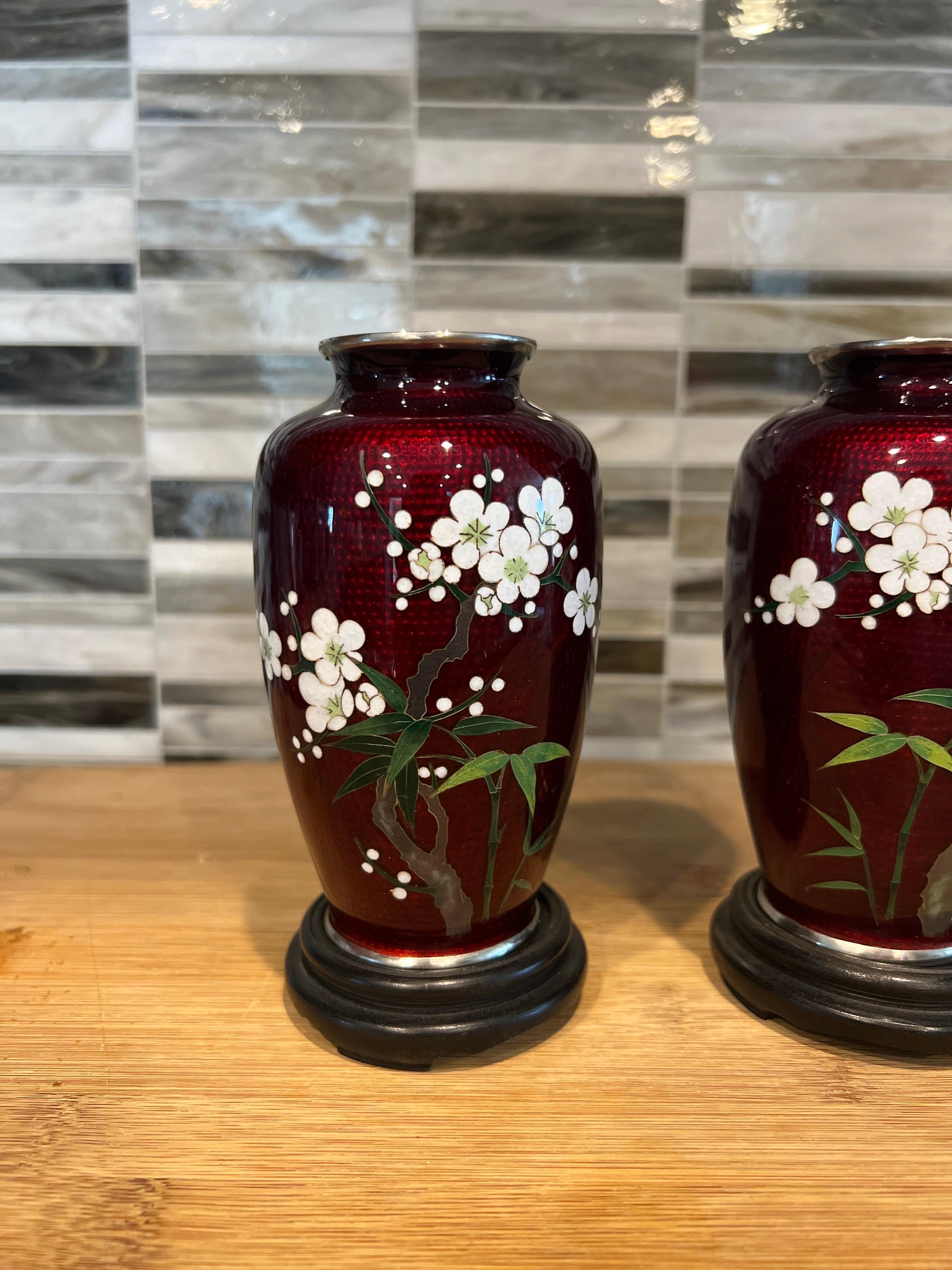 Pair, Japanese Red Ginbari Pigeon Blood Red Cloisonne Vases For Sale 2