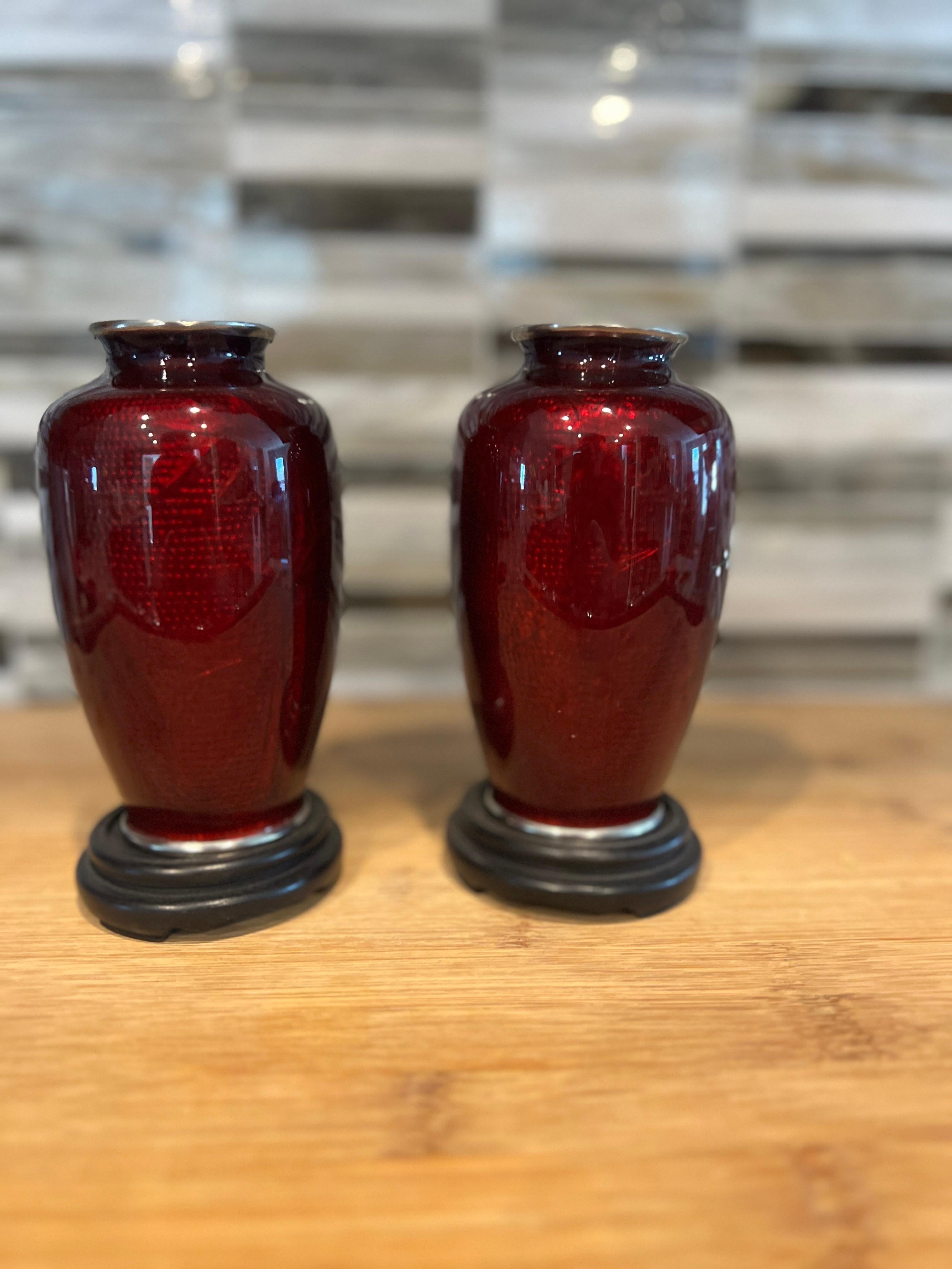 Pair, Japanese Red Ginbari Pigeon Blood Red Cloisonne Vases For Sale 4