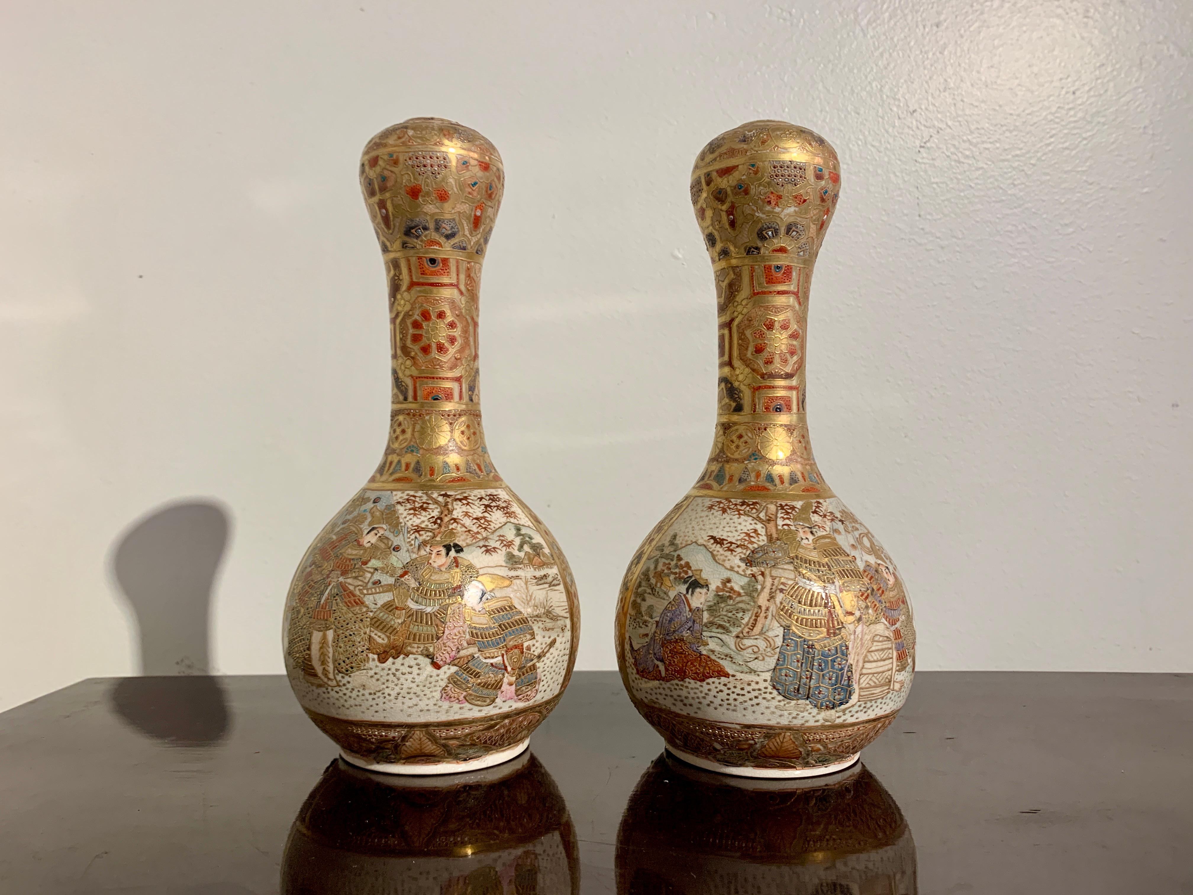 Hand-Painted Pair Japanese Satsuma Garlic Head Vases, Meiji period, Early 20th Century