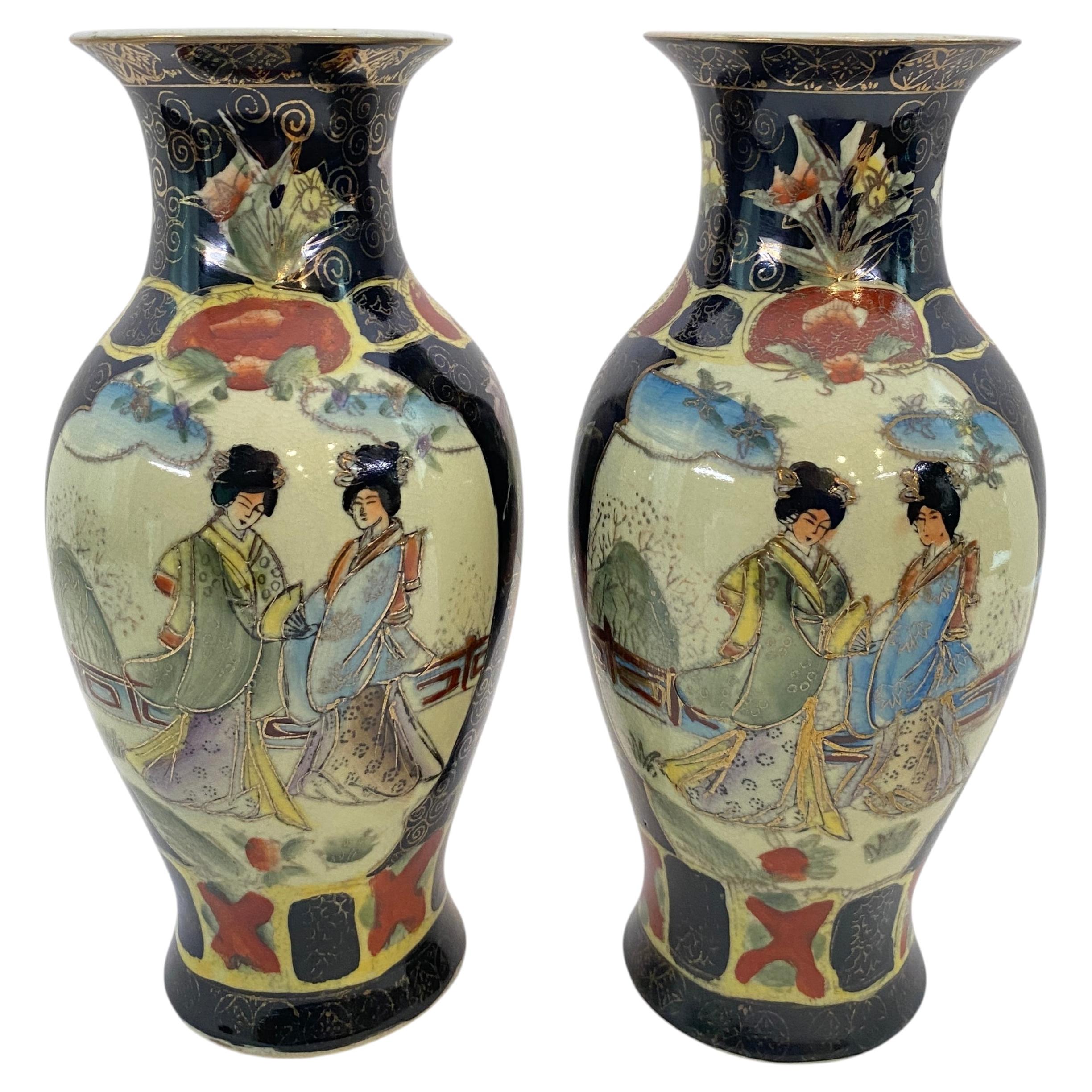 Pair Japanese Satsuma Style Porcelain Vases, Hand-Painted Court Ladies, Meiji