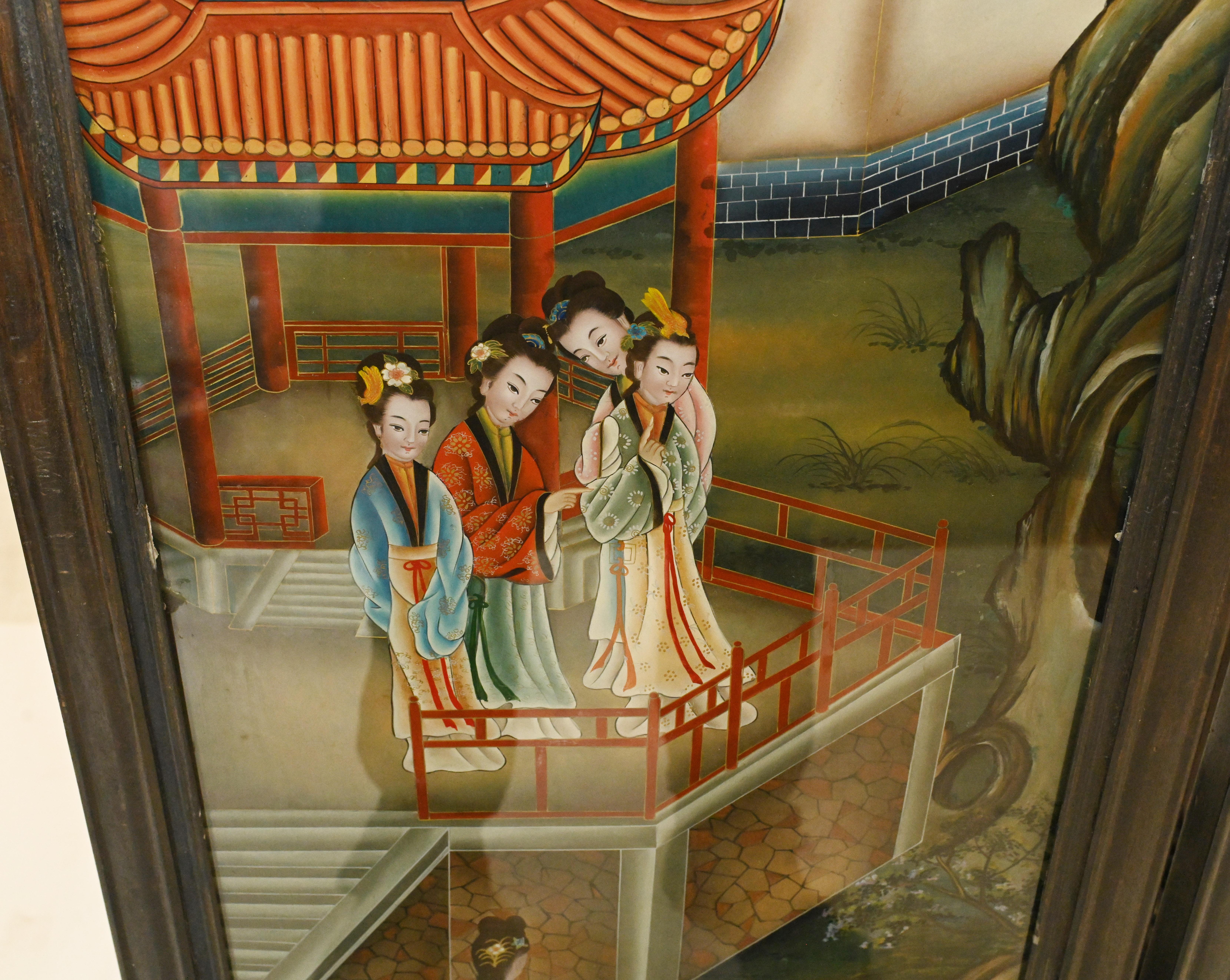 Wonderful pair of antique Japanese screens or plaques
Painted on enamel covered in glass and in a hardwood frame
Great scenes showing pagodas, females, butterflies and floral motifs
Would look great hung on the wall
We date this museum quality