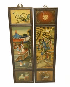 Pair Japanese Screens Wall Plaques Painted Enamel 1920