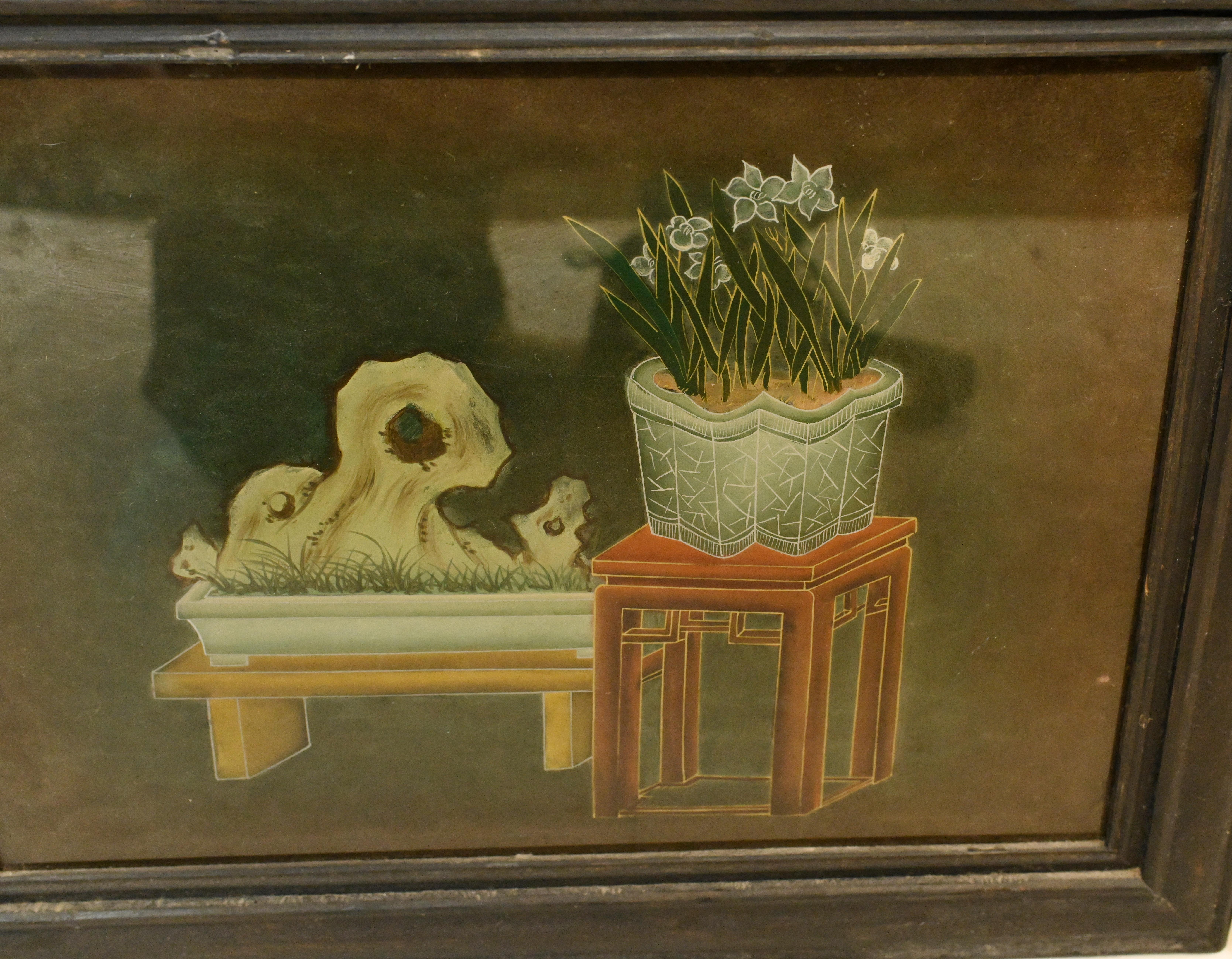 Other Pair Japanese Screens Wall Plaques Painted Enamel 1920