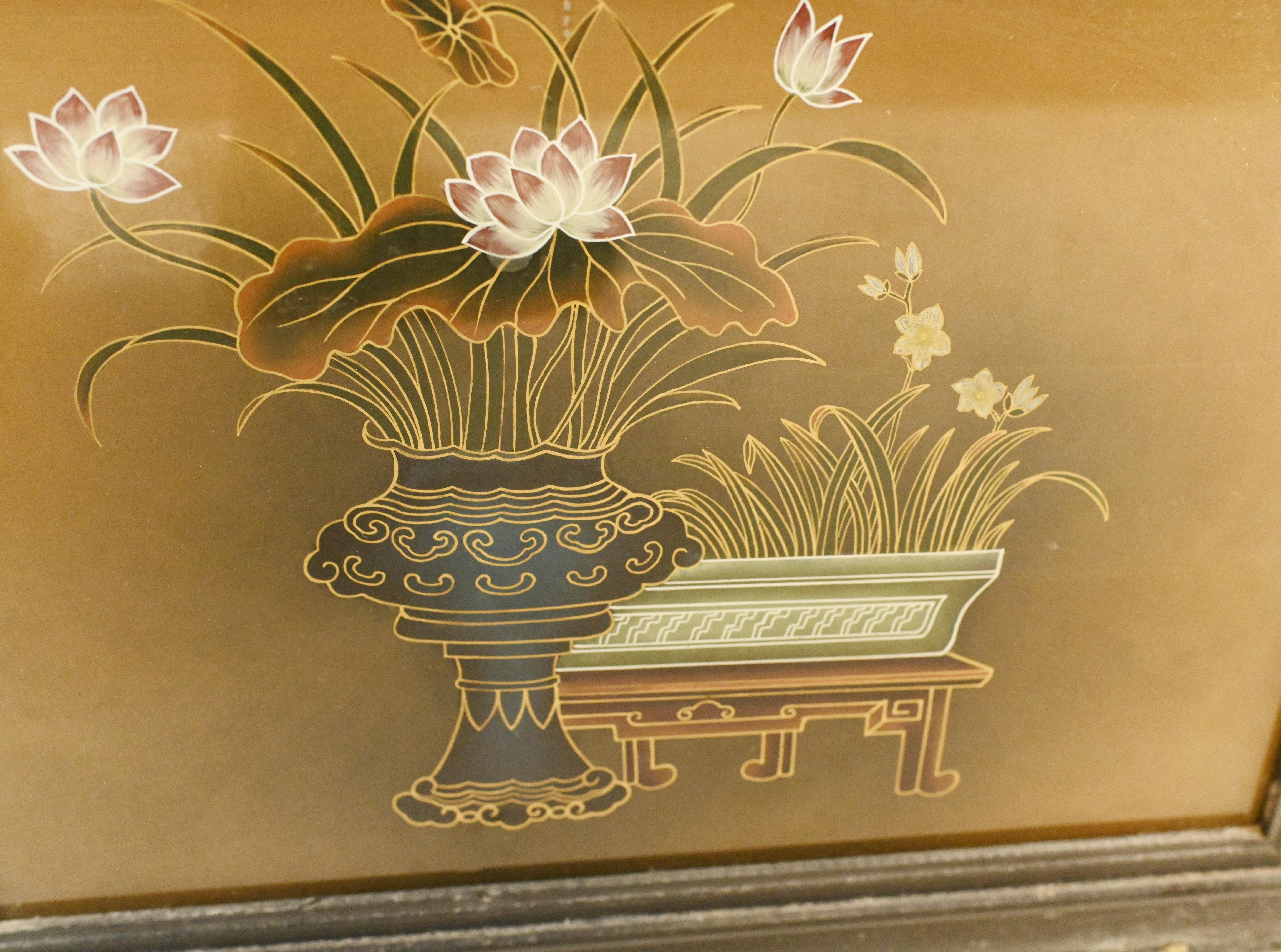 Pair Japanese Screens Wall Plaques Painted Enamel 1920 2