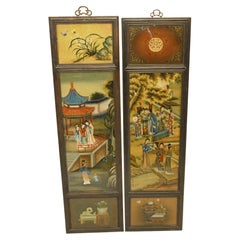 Pair Japanese Screens Wall Plaques Painted Enamel 1920