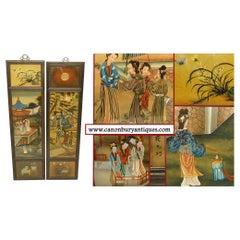 Pair Japanese Screens Wall Plaques Painted Enamel 1920