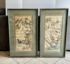Pair Chinese Silk Scroll Framed Paintings