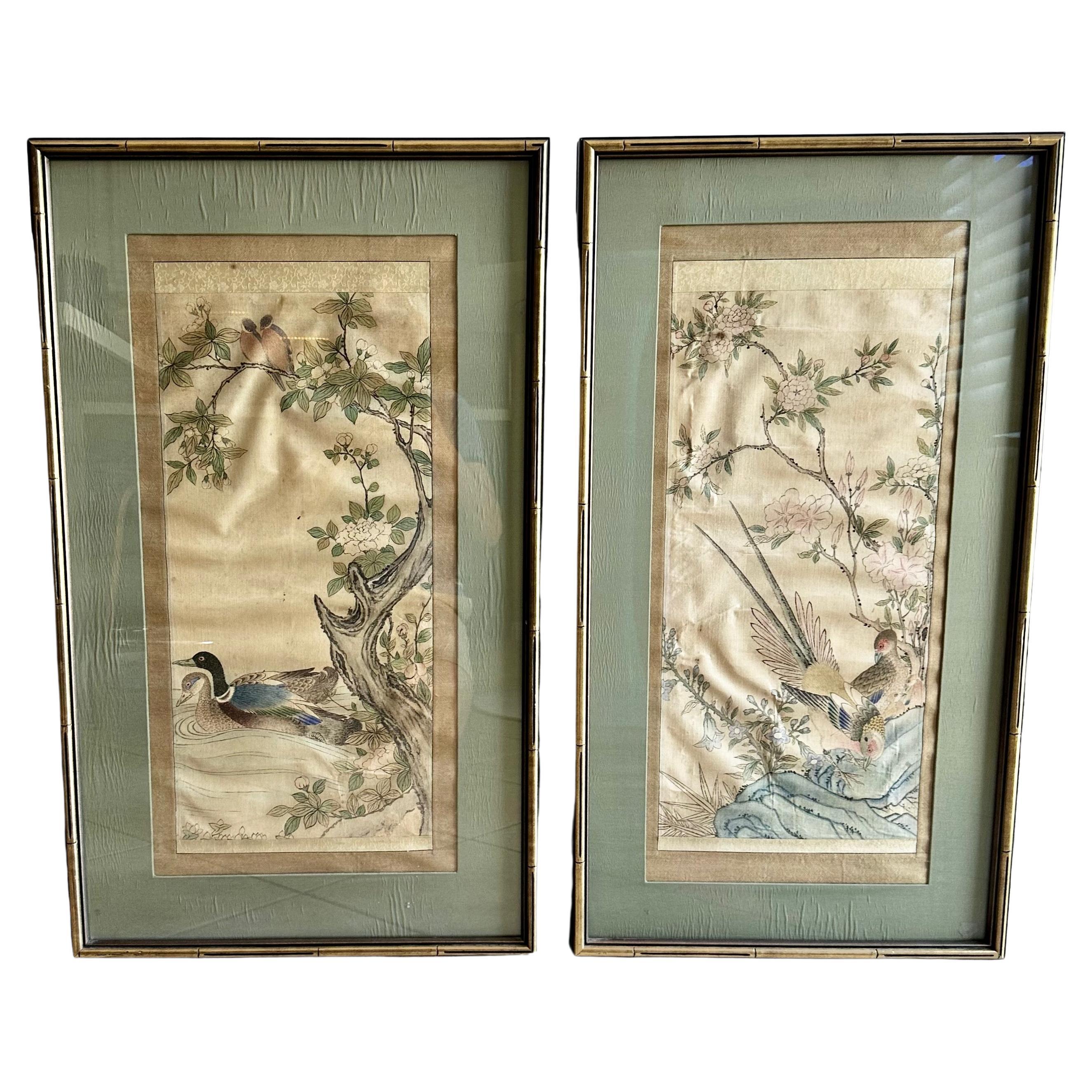 Pair Chinese Silk Scroll Framed Paintings